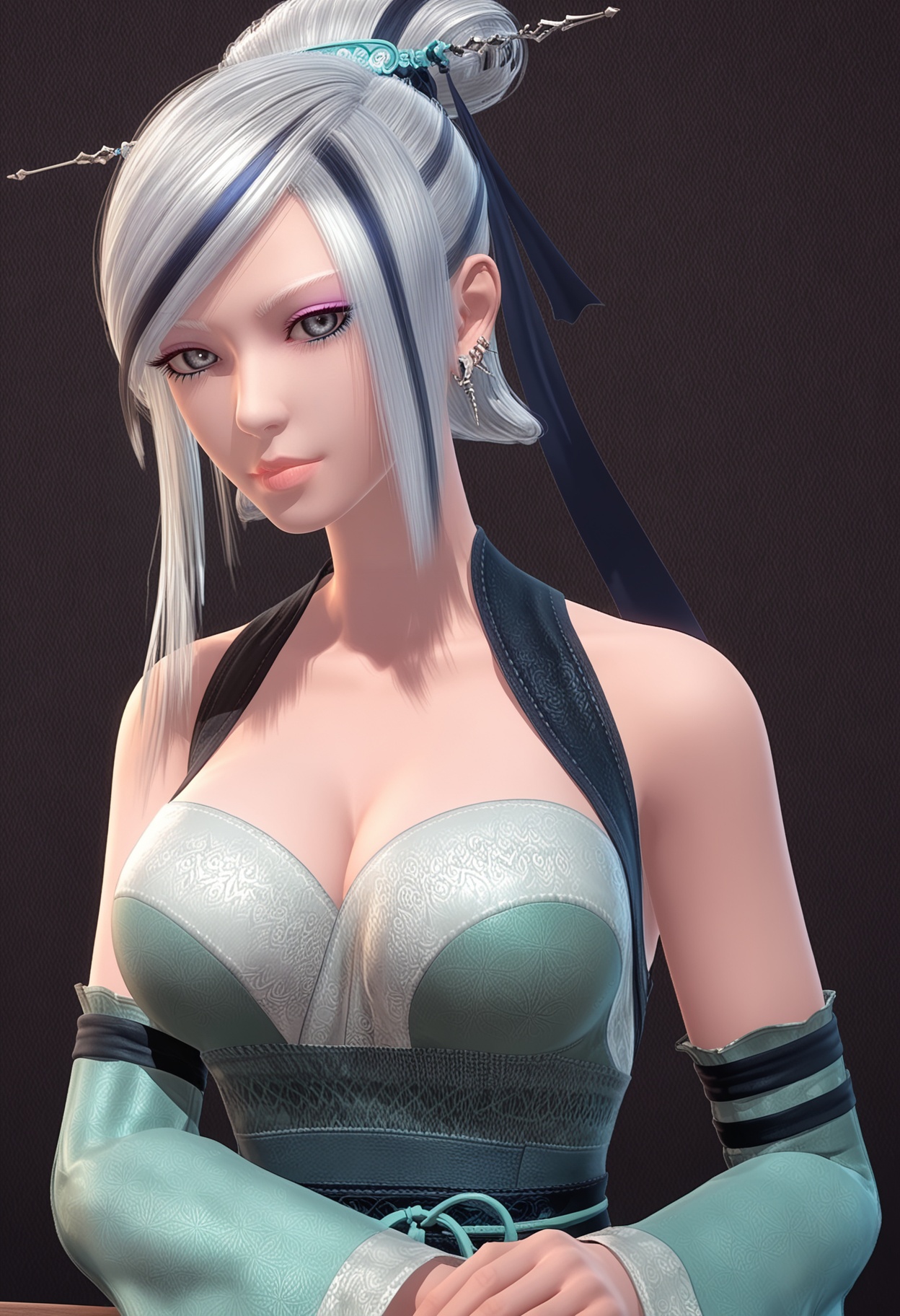 score_9,looking_at_viewer,upper body,(large breasts:0.8),xiaomeng,1girl,solo,white hair,hair ornament,bare shoulders,grey eyes,lips,single hair bun,dress,earrings,cleavage,jewelry,detached sleeves,streaked hair,hair stick,makeup,wide sleeves,high heels,(simple background,pure black background,black background:1.1),perfect_anatomy,<lora:QQSponyxiaomengV1:0.8>,