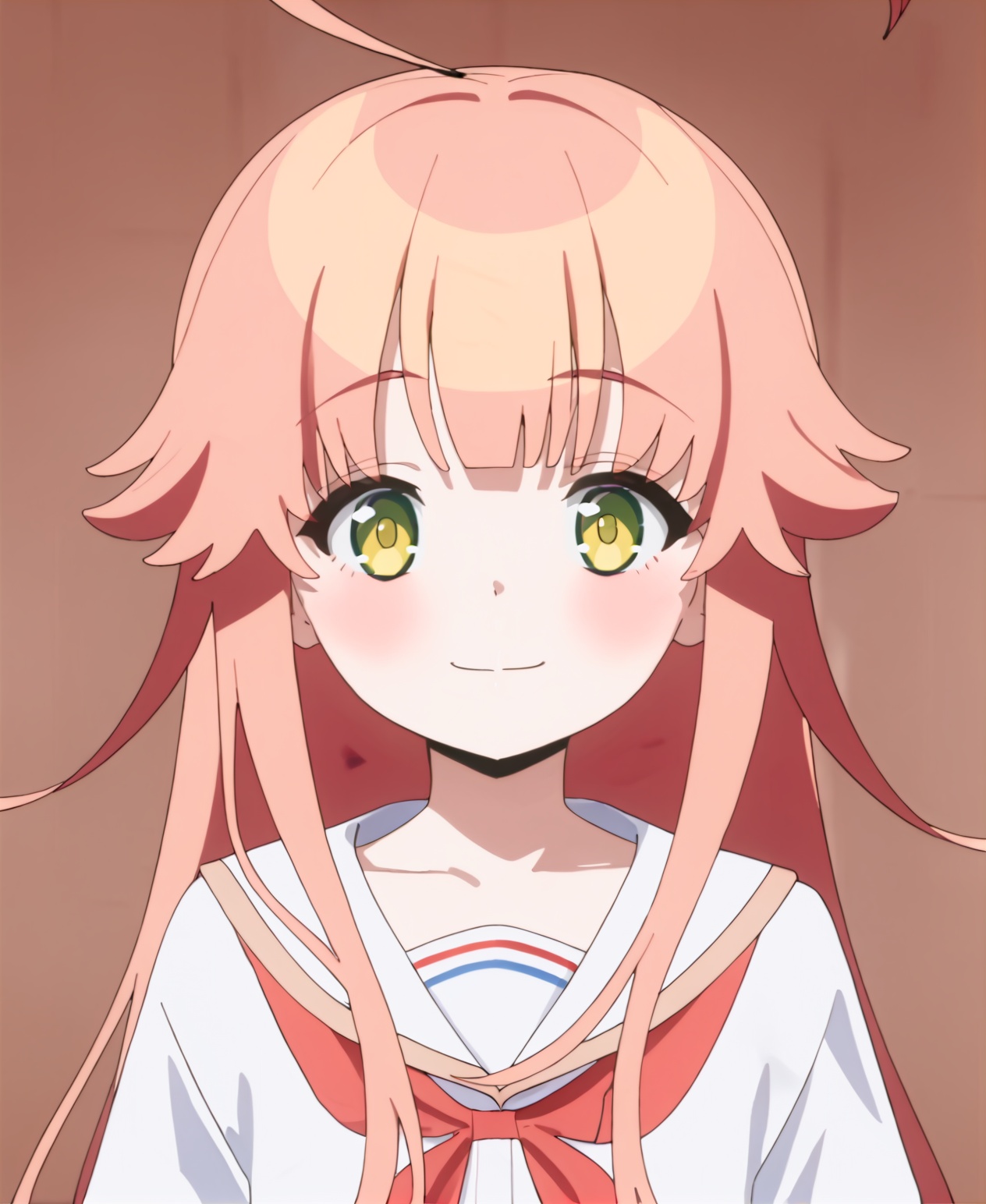 1girl,solo,long hair,looking at viewer,blush,smile,bangs,shirt,closed mouth,school uniform,collarbone,yellow eyes,white shirt,upper body,ahoge,serafuku,sailor collar,orange hair,neckerchief,:3,hair flaps,red neckerchief,<lora:pony拔作岛-渡会雏见:0.9>,