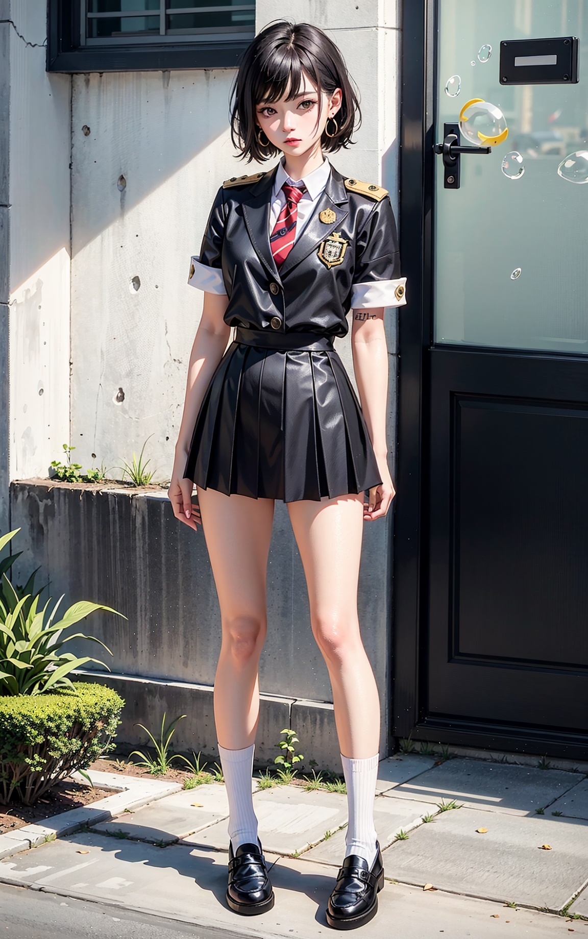 Bad girl, expressionless, young woman, shoulder length short hair, fluffy hair, tattoo, tattoo, jk uniform, tie, ultra short pleated skirt, white bubble socks, leather shoes, earrings, complete body