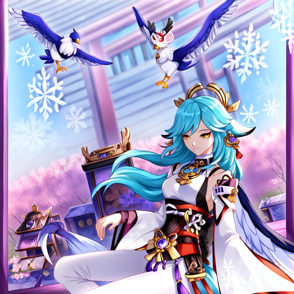cherry blossoms,  aqua hair,  wings on Tensor.Art