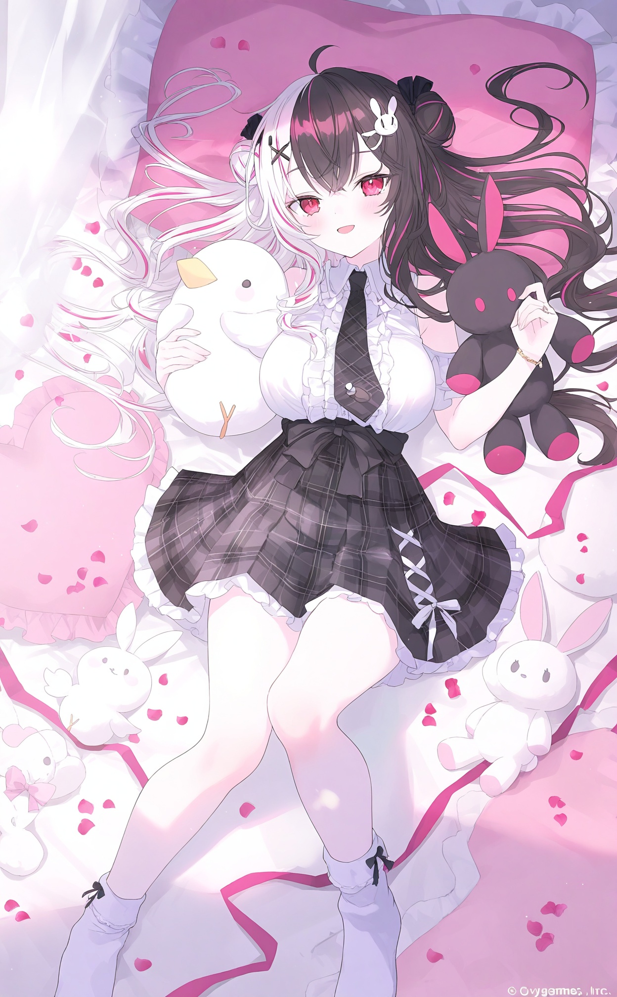 masterpiece,absurdres,best quality,loli,petite,high quality,chromatic_aberration,//,split-color hair,1girl,yorumi rena,virtual youtuber,stuffed toy,skirt,stuffed animal,multicolored hair,rabbit hair ornament,black necktie,necktie,black skirt,sample watermark,frills,white socks,solo,hair bun,black hair,shirt,stuffed rabbit,white shirt,socks,lying,double bun,hair ornament,on back,watermark,pink hair,long hair,smile,white hair,pillow,frilled skirt,plaid skirt,two-tone hair,red eyes,ahoge,breasts,plaid,x hair ornament,grey hair,high-waist skirt,streaked hair,bird,no shoes,petals,holding stuffed toy,copyright notice,sleeveless shirt,pleated skirt,plaid necktie,bracelet,sleeveless,collared shirt,large breasts,pink ribbon,frilled pillow,ribbon,jewelry,//,<lora:guimao2025.10.24——【noob】hans:1>,