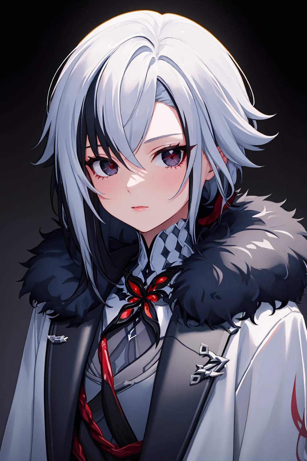 masterpiece,best quality, highly detailed, 1girl,arlecchino (genshin impact),fur-trimmed coat,looking at viewer,solo,upper body,closed mouth,white coat,<lora:arlecchino_(genshin_impact):1>