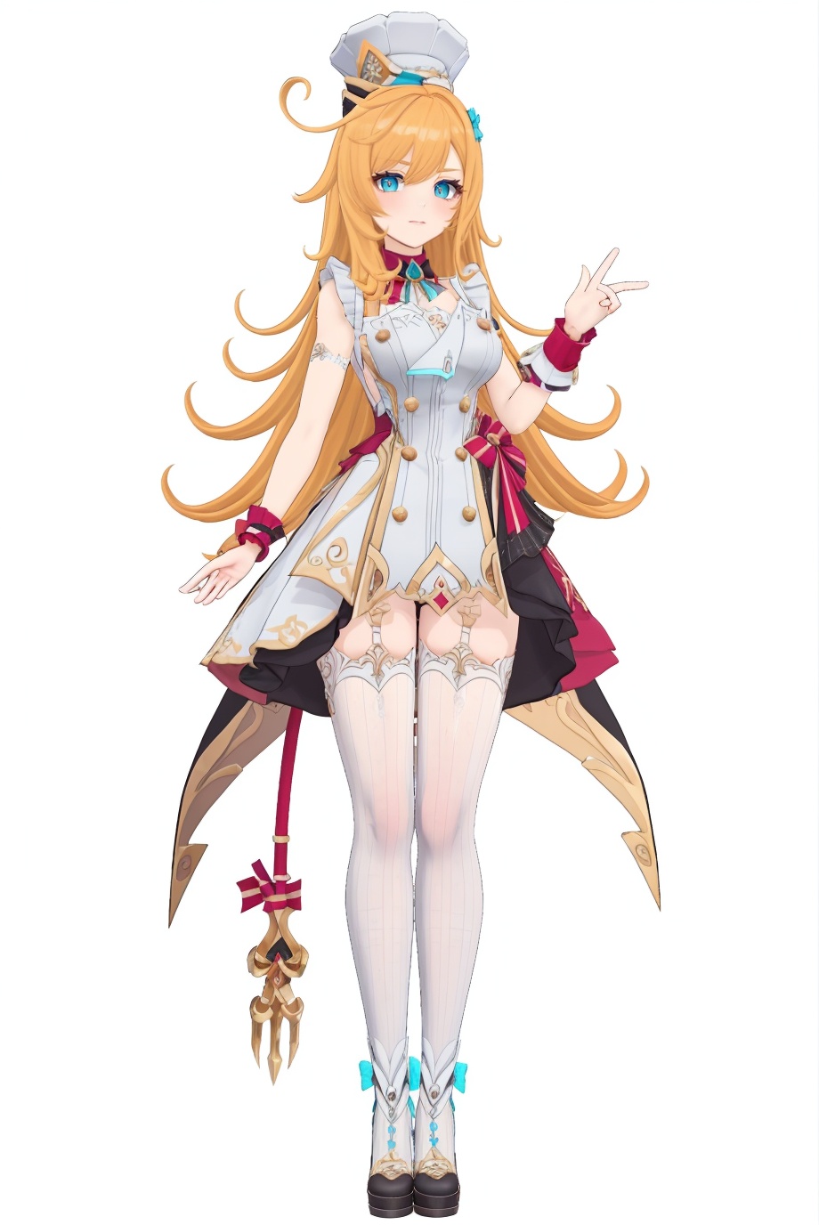 8k,best quality,masterpiece,(ultra-detailed),(high detailed skin),(by nanoless, by misumi \(macaroni\),:0.5),A full-body portrait of a young girl,standing gracefully,pastel art style,high-key lighting,shoujo manga influence,hd quality,delicate details,full body,full shot,standing,looking at viewer,(solo:1.2),simple background,(white background:1.2),<lora:escoffier-sd-Tanger:0.8>,escoffier \(genshin impact\),clothes: escoffier def white and black dress,escoffier chef's hat,1girl,thighhighs,long hair,ahoge,blue eyes,escoffier fake devil tail,blonde hair,