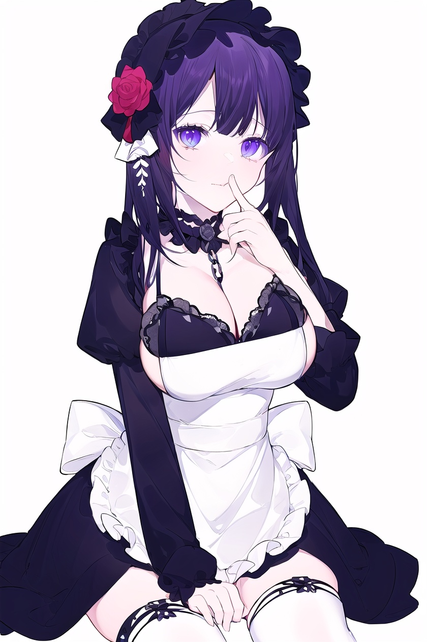 8k, best quality, masterpiece, (ultra-detailed:1.1), (high detailed skin),1girl, breasts, thighhighs, solo, large breasts, chain leash, flower, chain, cleavage, dress, purple eyes, purple hair, hair flower, kitagawa marin, looking at viewer, bangs, white background, hair ornament, sitting, apron, red flower, rose, lolita fashion, bonnet, simple background, frills, leash, black dress, gothic lolita, floral print, cosplay, long sleeves, black thighhighs, finger to mouth, red rose, hairband,<lora:stylemiyuki-v100-000027:0.8>,miyuki, Art style, clean and crisp picture,(white background, simple background:1.6),(beautiful_face), ((intricate_detail)), clear face,((finely_detailed)), fine_fabric_emphasis,((glossy)), full_shot, 