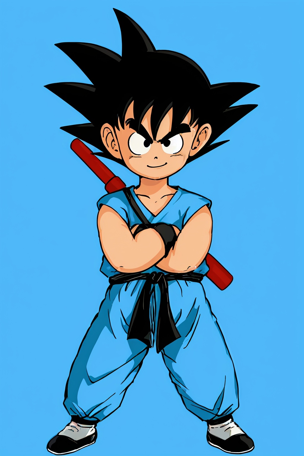 1 boy,1boy,aqua background,black eyes,black footwear,black hair,blue background,closed mouth,crossed arms,dougi,full body,gradient,gradient background,happy,legs apart,looking at viewer,male focus,outside border,simple background,smile,solo,son goku,spiked hair,standing,wristband<lora:蔚蓝Blue小悟空2.0:0.8>