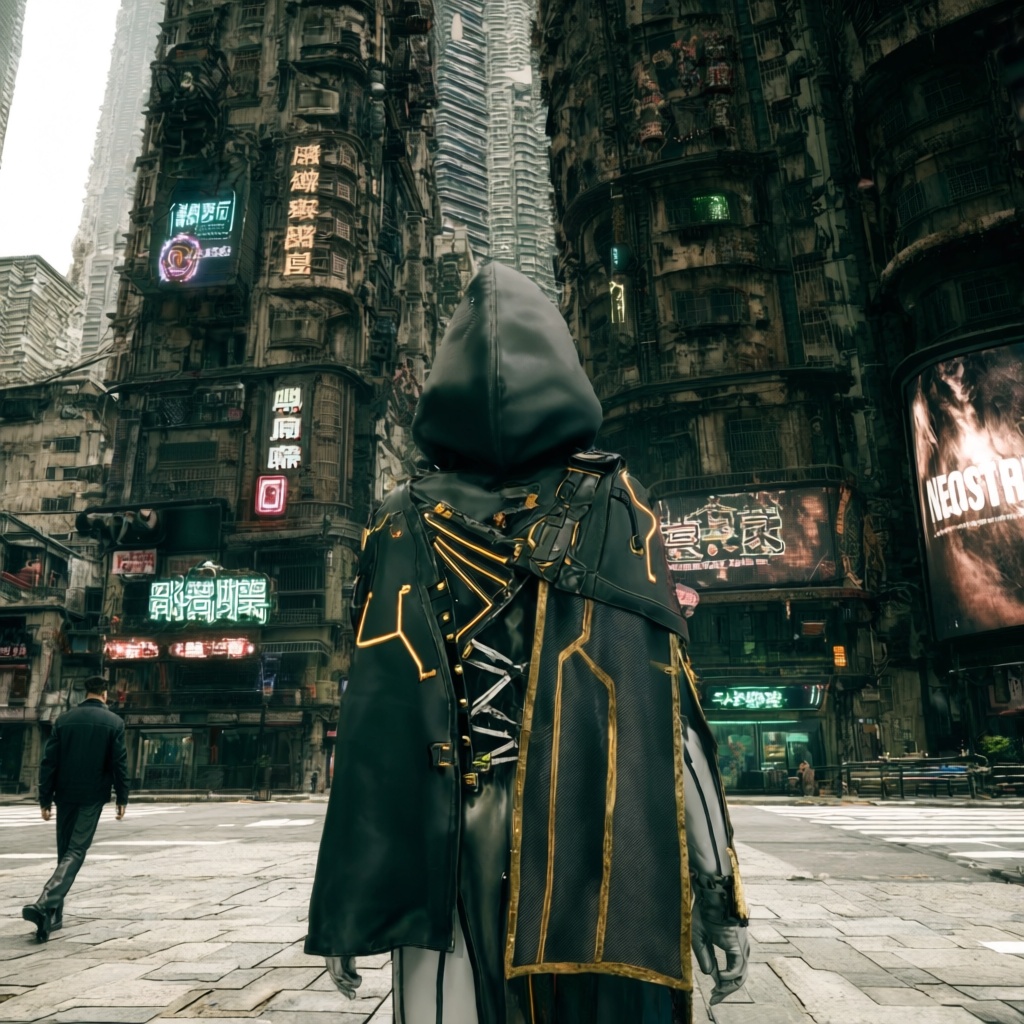 A wide shot captures a mysterious individual standing in a dense,  gritty Cyberpunk City reminiscent of the layered urban...