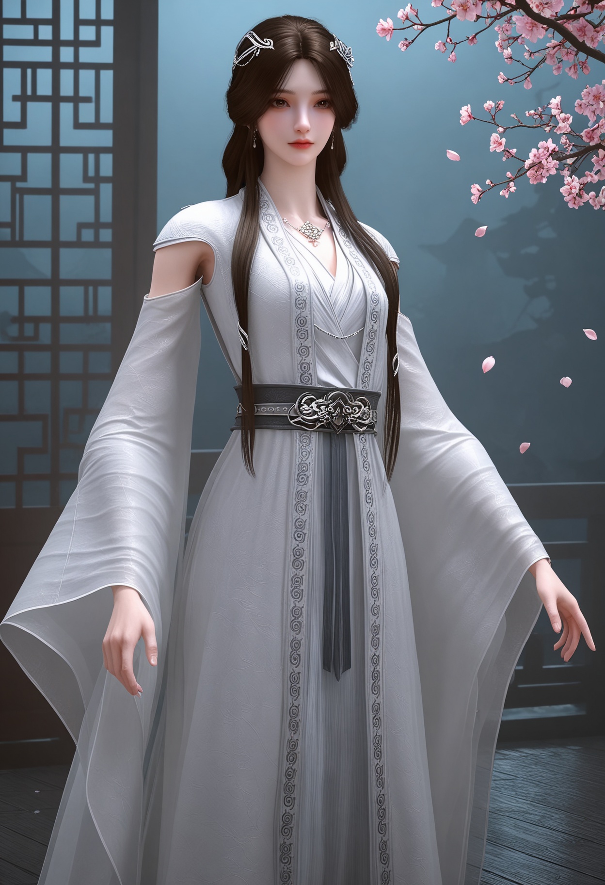 (standing full_body:1.1),(looking at viewer:1.1),masterpiece,(best quality),smog,Dark room,dim lighting,peach blossom,falling petals,<lora:YQ_Illustrious光辉v5_雨馨2.0_V2:0.8>,q1528437228,1girl,solo,long hair,hair ornament,jewelry,earrings,dress,brown hair,white dress,necklace,black hair,brown eyes,chinese clothes,long sleeves,detached sleeves,wide sleeves,hair bun,