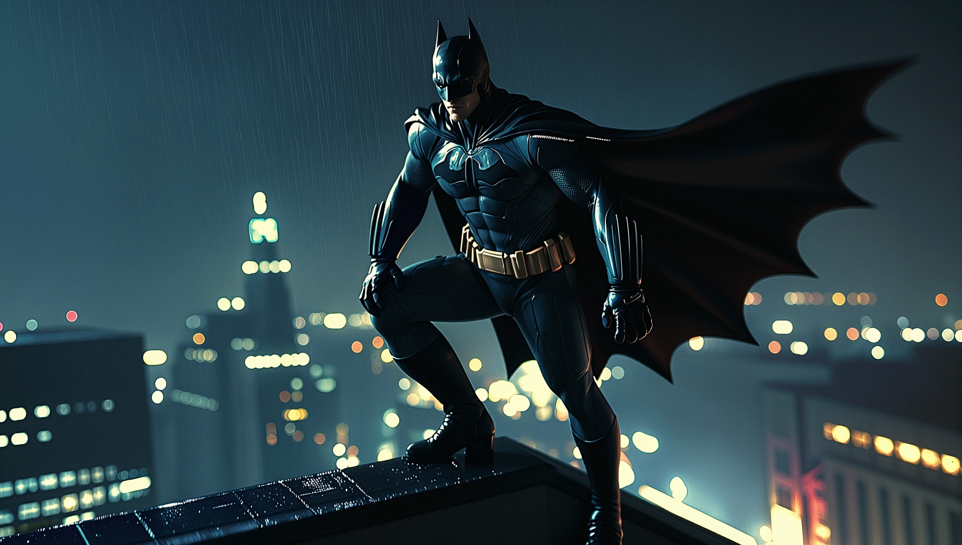 A brooding Batman perched on the edge of a Gotham skyscraper at night,  his cape billowing in the wind,  neon lights flick...