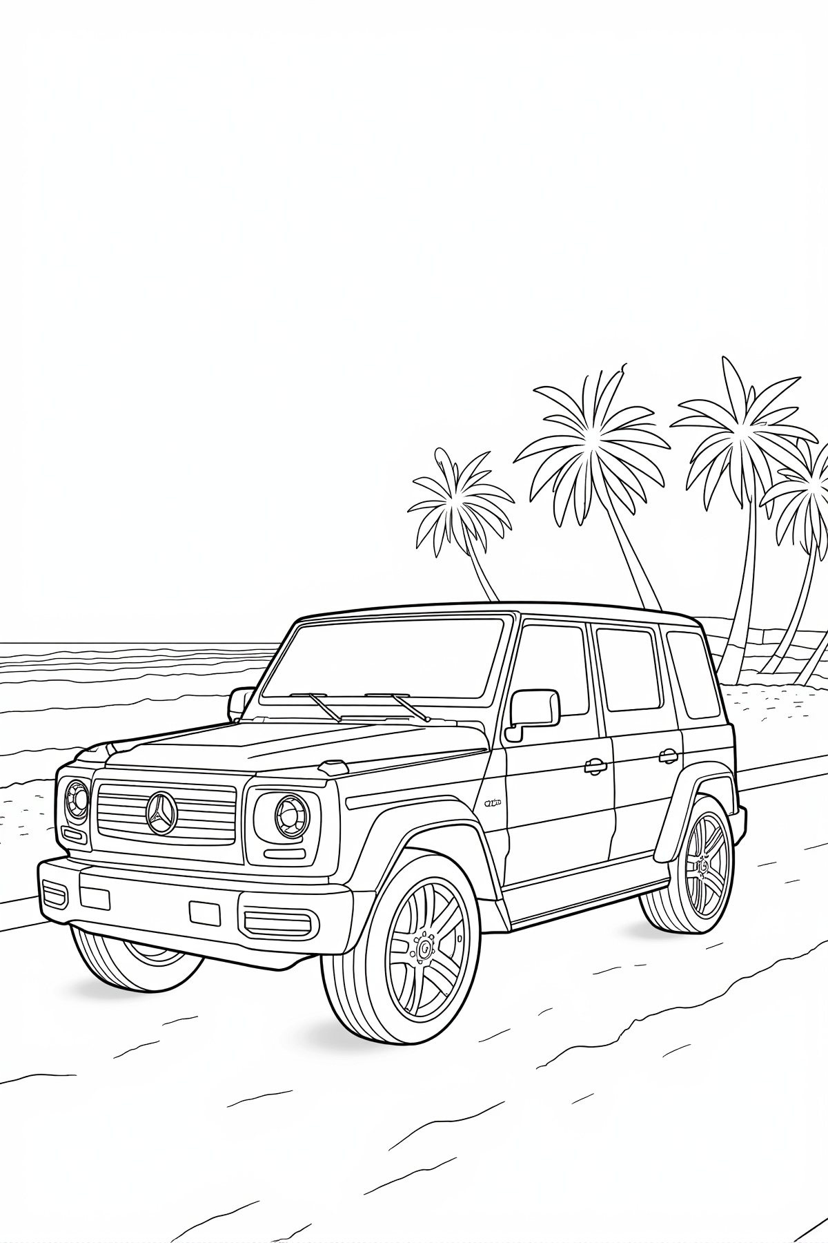 Detailed black and white line drawing coloring page of a modern SUV driving along a tropical beach with palm trees and wav...