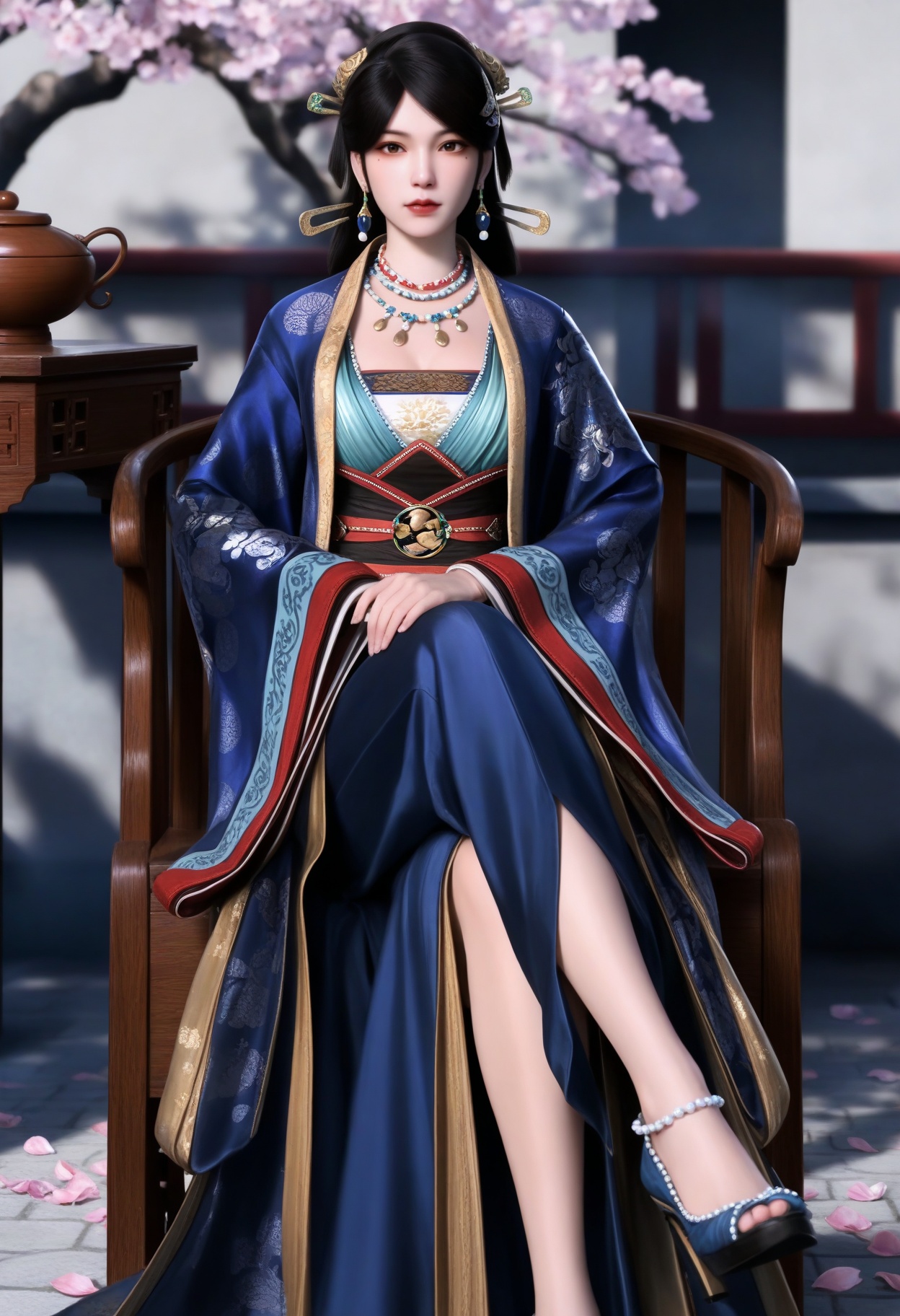 masterpiece,best quality,amazing quality,very aesthetic,high resolution,ultra-detailed,absurdres,scenery,photorealistic,(looking at viewer:1.1),(moody lighting:1.1),peach blossom,falling petals,(large breasts:0.8),wenluoyu,1girl,solo,black hair,long hair,hair ornament,jewelry,earrings,chinese clothes,necklace,realistic,brown eyes,lips,mole under eye,hanfu,long sleeves,closed mouth,wide sleeves,red lips,pearl necklace,sitting,(crossed legs:1.3),high heels BREAK photorealistic details,<lora:QQSillwenluoyuV1:0.8>,