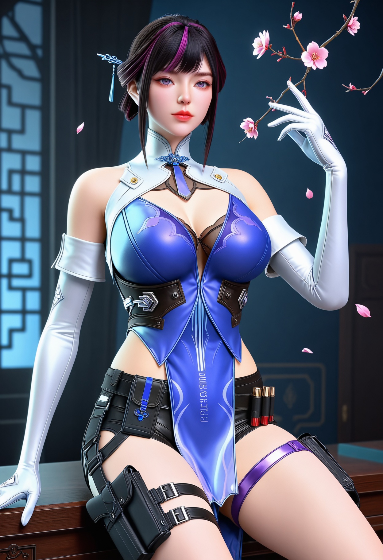 (upper_body:1.2),(gigantic breasts:0.8),(Perky boobs:1.3),(looking at viewer:1.1),facing viewer,direct gaze,(masterpiece:1.1),(best quality:1.2),(intricate details),(smog:1.3),(Dark room:1.3),(dim lighting:1.3),peach blossom,falling petals,<lora:YQ_Illustrious光辉v5_虹儿_V1:0.8>,1girl,q1528437228,solo,gloves,dress,short hair,shorts,chinese clothes,purple eyes,thigh strap,holster,hair bun,hair ornament,sidelocks,thigh holster,detached sleeves,high heels,masterpiece,(best quality),(intricate details:0.9) BREAK (intricate details:0.9),(realistic skin:1.2),masterpiece,best quality,newest,absurdres,hiahres,