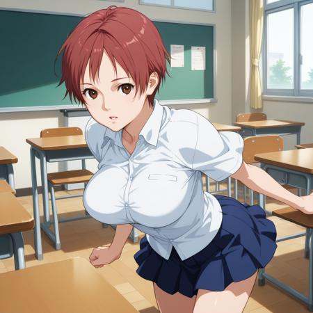 dynamic composition, detailed, very aesthetic, kei_kishimoto, brown eyes, red hair, short hair, large breasts, white shirt, collared shirt, buttons, blue skirt, miniskirt, pleated skirt, class room,  <lora:KeiKishimoto_Illu_Dwnsty:1>