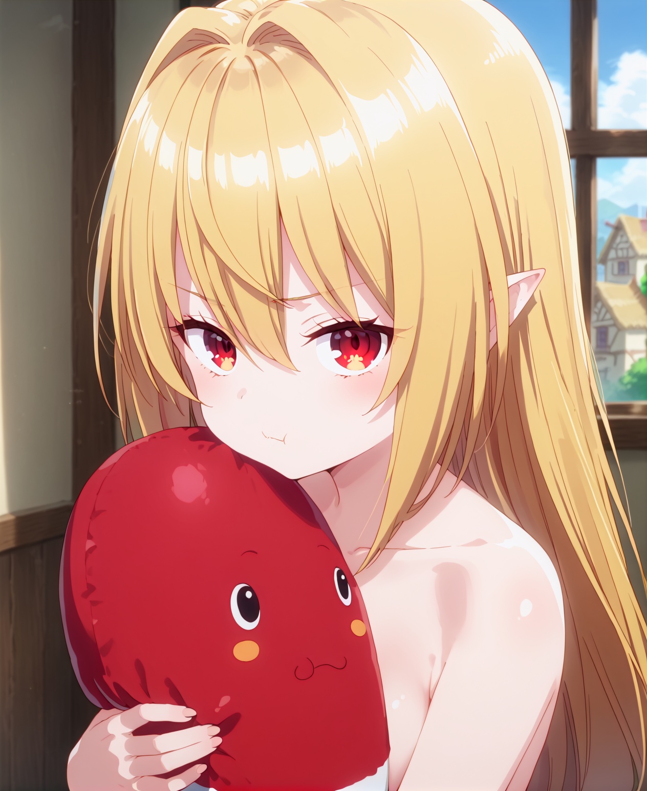 1girl,solo,long hair,looking at viewer,bangs,blonde hair,red eyes,hair between eyes,closed mouth,collarbone,upper body,nude,pointy ears,gradient,:t,object hug,pout,<lora:pony黛拉可玛莉:0.8>,Indoor,Window,Village,Sunshine,