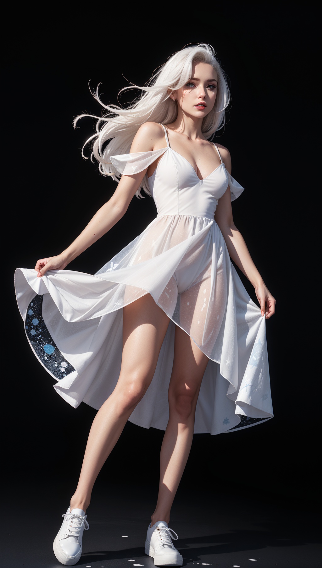 a woman with white hair and blue eyes,  in a white dress with a black background and a splashs of paint all over,  Celesti...