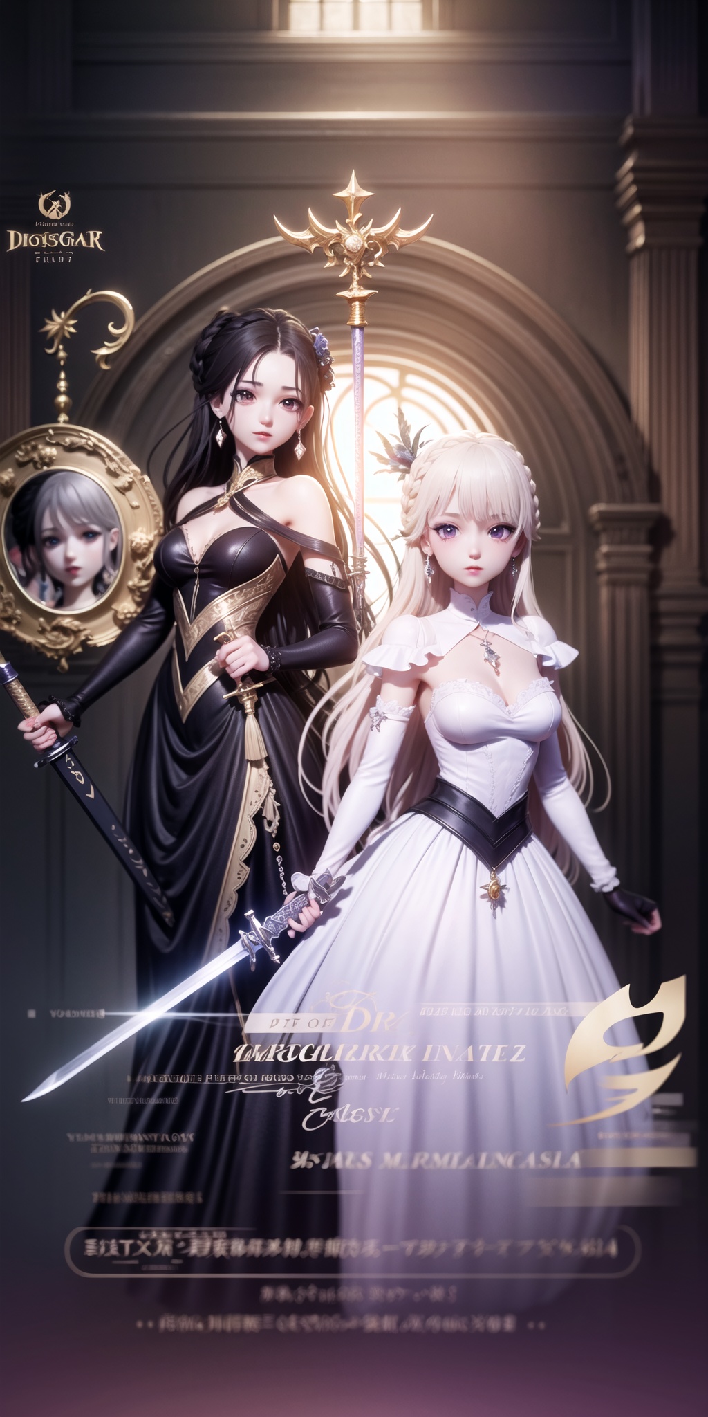 Game interface,weapon,multiple girls,dress,long hair,sword,2girls,black hair,blonde hair,braid,holding weapon,white dress,holding,mirror,holding sword,long sleeves,hair ornament,jewelry,earrings,very long hair,(((High quality))),8k,masterpiece,moody lighting,day,<lora:huanqing_yinvyouxi:0.8>,