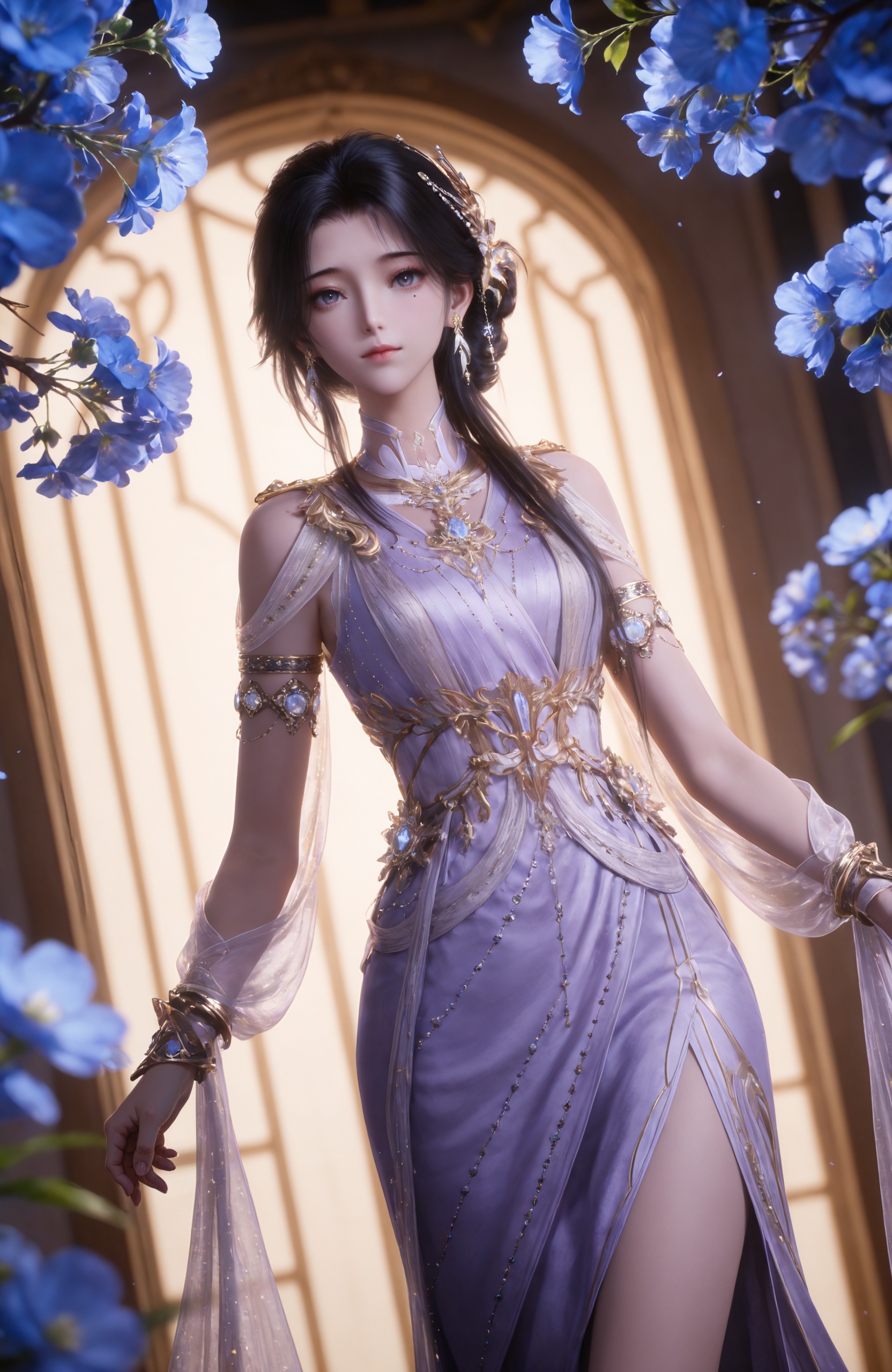 <lora:神印王座-白玲轩IL:0.7> 1girl, black hair, hair ornament, jewelry, earrings, long hair, mole under eye, lavender dress, bracelet, armlet, high heels, realistic style photo,outstanding style,Use soft lighting to cast gentle shadows on the subject,adding a touch of dimension to your images without compromising details,whirls of vapor,(Anime:1.1),soft neon light,ethereal ambiance,delicate details,magical atmosphere,concept art,highly detailed,ultra-high resolution,32K UHD,sharp focus,best-quality,masterpiece,golden hour,unconventional supreme masterpiece,masterful details,temperate atmosphere,with a high-end texture,in the style of fashion photography,magazine style,Dynamic Angle,Dynamic posture,magazine style,Dynamic Angle,Dynamic posture,(cowboy_shot:1.2),eye trail,depth of field,cinematic lighting,lens flare,close-up,extreme aesthetic,(wlop:0.6),(honjou raita,lack,rella,wanke:0.5),masterpiece,best quality,good quality,newest,year 2025,very aesthetic,absurdres,Visual impact,A shot with tension,ultra-high resolution,32K UHD,sharp focus,best-quality,masterpiece,Emotionalization,unconventional supreme masterpiece,masterful details,temperate atmosphere,with a high-end texture,in the style of fashion photography,(Visual impact:1.2),giving the poster a dynamic and visually striking appearance,, solo,  upper body, blue flower, looking at viewer, snowflakes, closed mouth, branch,