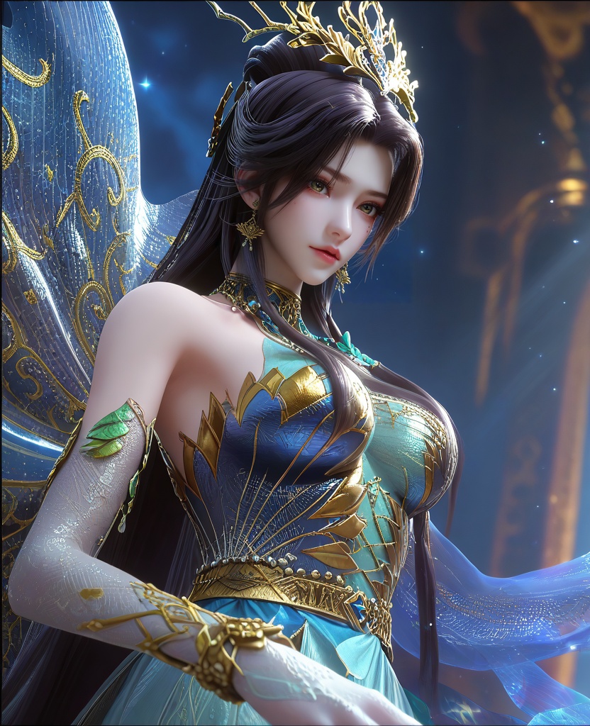 (Hands forming a heart shape:1.1),(large breasts:1.2),<lora:XL16云深不知梦羲和罄水珠:0.95>,miss xihe,blue corset tiered gown,mole under left eye,black hair,traditional chinese updo with long front strands,absurdly long hair,hair ornament,jewelry,elbow gloves,fairy wings,bracelet,bare shoulders,sparkle,, score_9,score_8_up,score_7_up,score_6_up,score_5_up,score_4_up,3d rendering,tag1,tag2, Cinematic Lighting,backlighting,