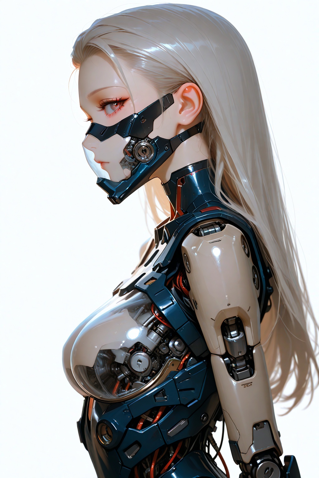 masterpiece,best quality,amazing quality,very aesthetic,absurdres,newest,extreme aesthetic,in the style of fashion photography,light particles,cinematic lighting,Visual impact,sharp focus,Emotionalization,depth of field,dutch angle,scenery,1girl,solo,long hair,closed mouth,medium breasts,armor,eyelashes,profile,mask,forehead,science fiction,mouth mask,sideways glance,android,hair slicked back,cyborg,robot joints,mechanical parts,cyberpunk,looking at viewer,upper body,from side,simple background,white background,translucent skin,mechanical structure,