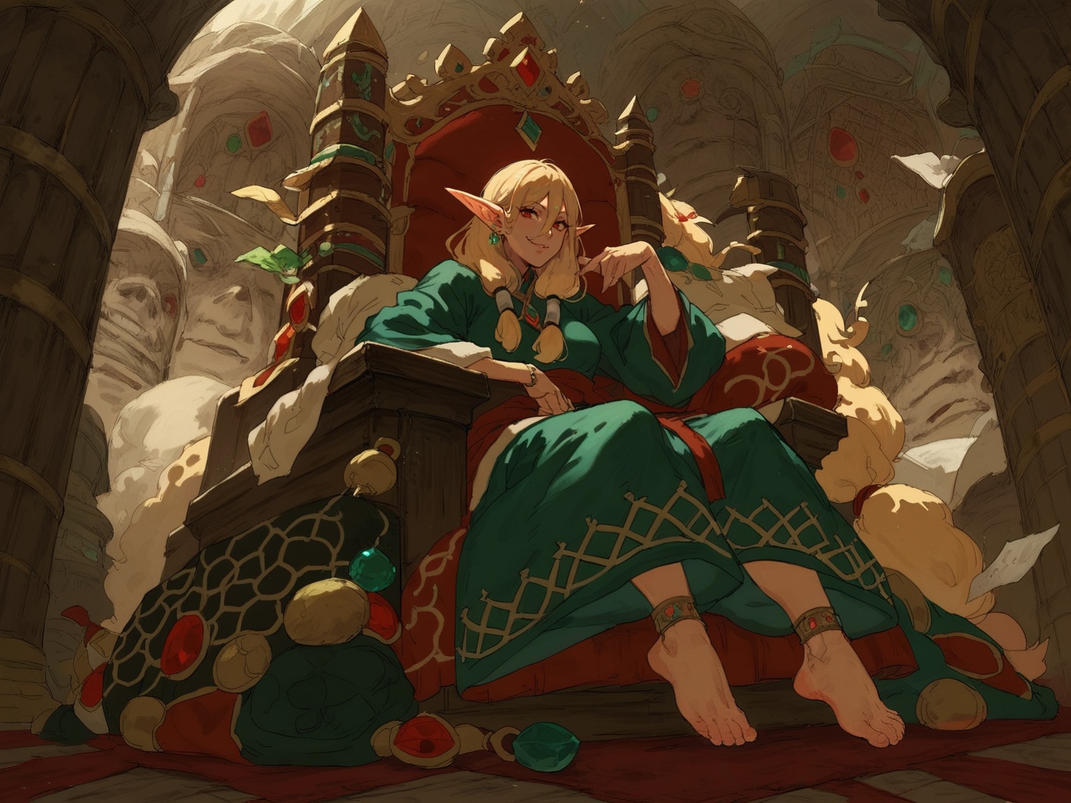 1girl anklet barefoot blonde_hair breasts ear_bar earclip elf feet full_body gem green_gemstone hair_between_eyes hair_tub...