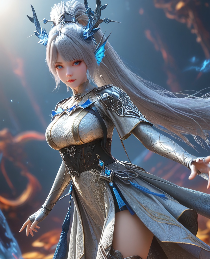 (pointing:1.1),looking at viewer,(large breasts:1.2),<lora:XL16云深不知梦白龙漱玉:0.95>,miss shuyu,silver dress,blue eyes,mole under left eye,white hair,ponytail,very long hair,hair ornament,elbow gloves,cape,sash,thigh boots,shoulder armor,head fins ornament,holding polearm,, score_9,score_8_up,score_7_up,score_6_up,score_5_up,score_4_up,3d rendering,tag1,tag2, Cinematic Lighting,backlighting,