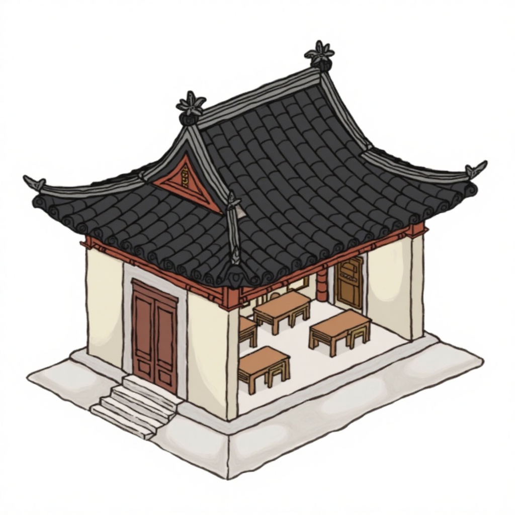This is a digital drawing of a traditional East Asian temple with a pagoda-style roof, featuring intricate black tiled eaves and ornate wooden pillars. The structure has a cream-colored exterior with dark accents. Inside, there are wooden tables and chairs, and a large, ornate door. The style is clean and minimalist, with a focus on architectural details.