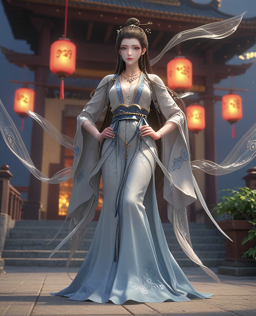 (oriental architecture, elegant decor, sophisticated style:1.1),(Standing with legs wide apart, hands on hips,:1.1),(breasts:1.2),<lora:XL16长生界九州神女兰若:0.95>,miss lanruo,white dress,blue eyes,black hair,very long hair,hair bun,necklace,hanging hair,hair ornament,silk shawl,white bra,sash,blue dress hem,, score_9,score_8_up,score_7_up,score_6_up,score_5_up,score_4_up,3d rendering,tag1,tag2, Cinematic Lighting,backlighting,