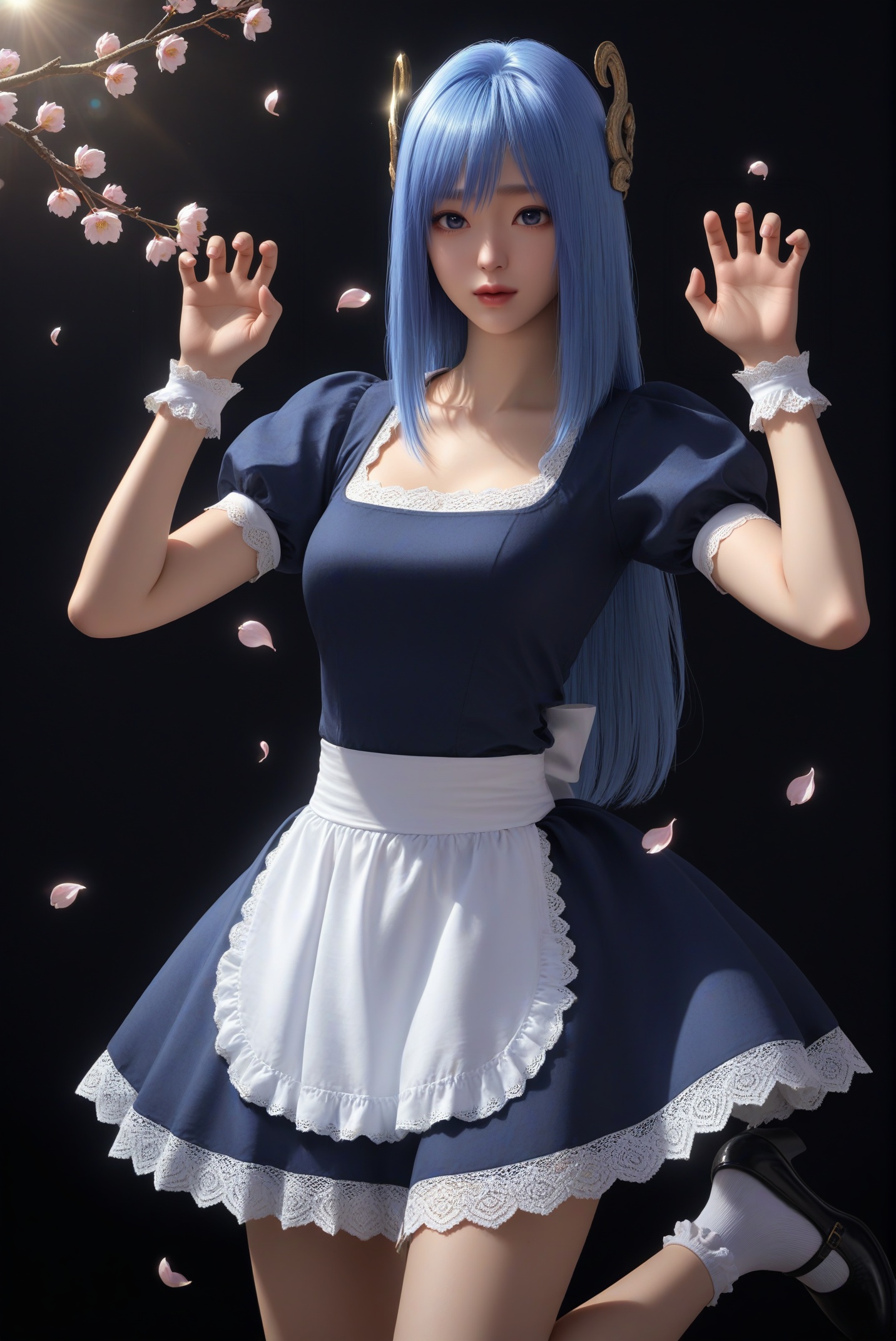 (score_9),cute,narrow waist,(glamor:1.1),<lora:蓝葵-ill:0.8>,1girl,solo,blue hair,long hair,blue eyes,hair crown,lankui,collarbone,(maid:1.1),dress,lace trim,lace,(bobby_socks:1.1),looking at viewer,claw_pose,(paw_pose),BREAKtwig,branch,falling petals,simple background,black background,rim light,Volumetric Lighting,lens flare,Tyndall effect,depth of field,bokeh,sparkle,