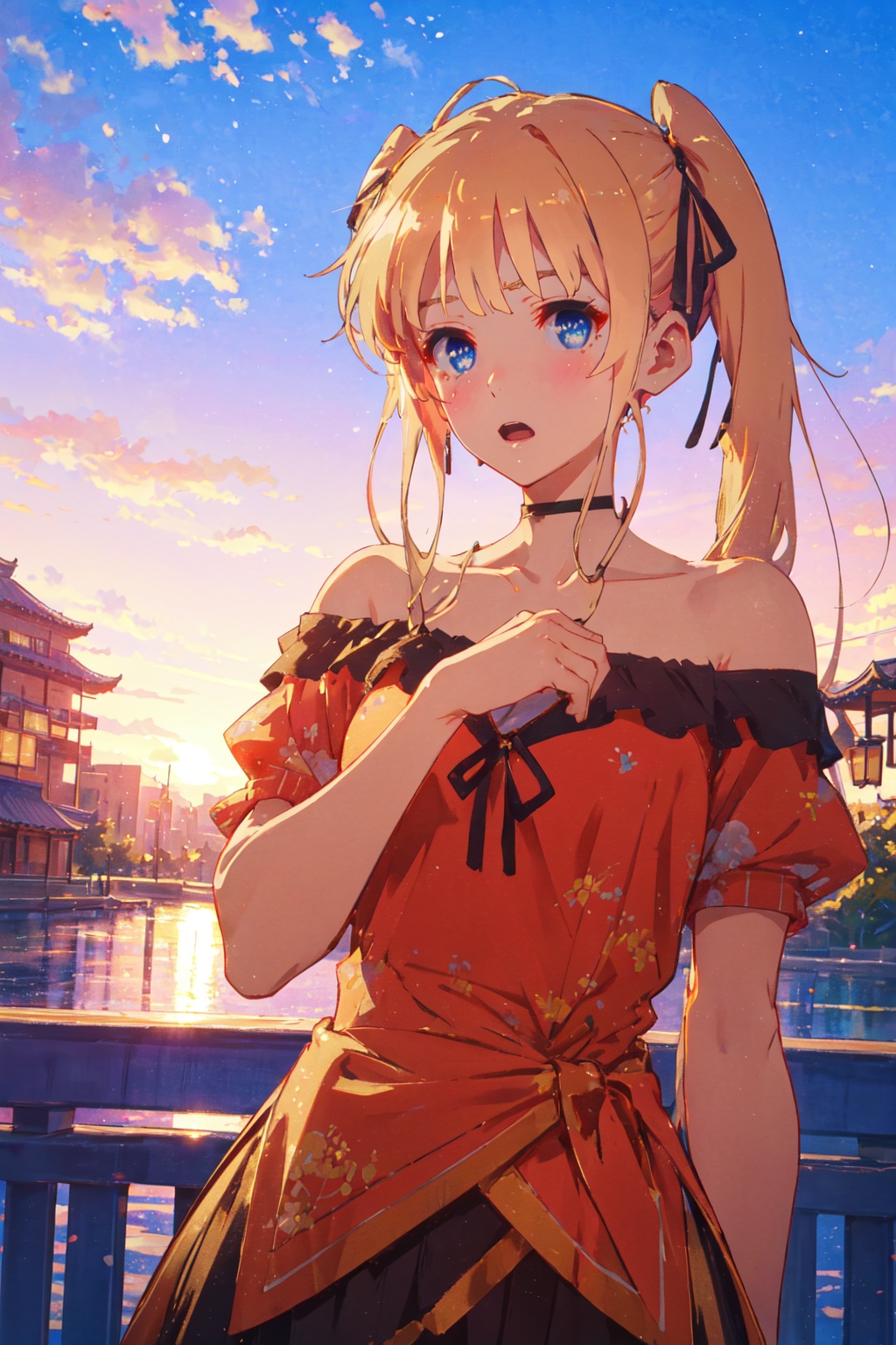 <lora:Eriri-000012:0.8>,eriri cyql,1girl,looking at viewer,solo,blonde hair,long hair,twintails,blue eyes,ribbon,hair ribbon,Green off-shoulder midi dress with tiered skirt,Confused, Wide-open eyes, a slightly furrowed brow, and a slightly open mouth.,upper_body,beautiful face,beautiful eyes,glossy skin,shiny skin,River bend, Photography, Sunset, Reflections, Tranquility, Scenic beauty,beautiful detailed sky,beautiful detailed glow,posing in front of a colorful and dynamic background,masterpiece,best quality,beautiful and aesthetic,contrapposto,female focus,wallpaper,fashion,
