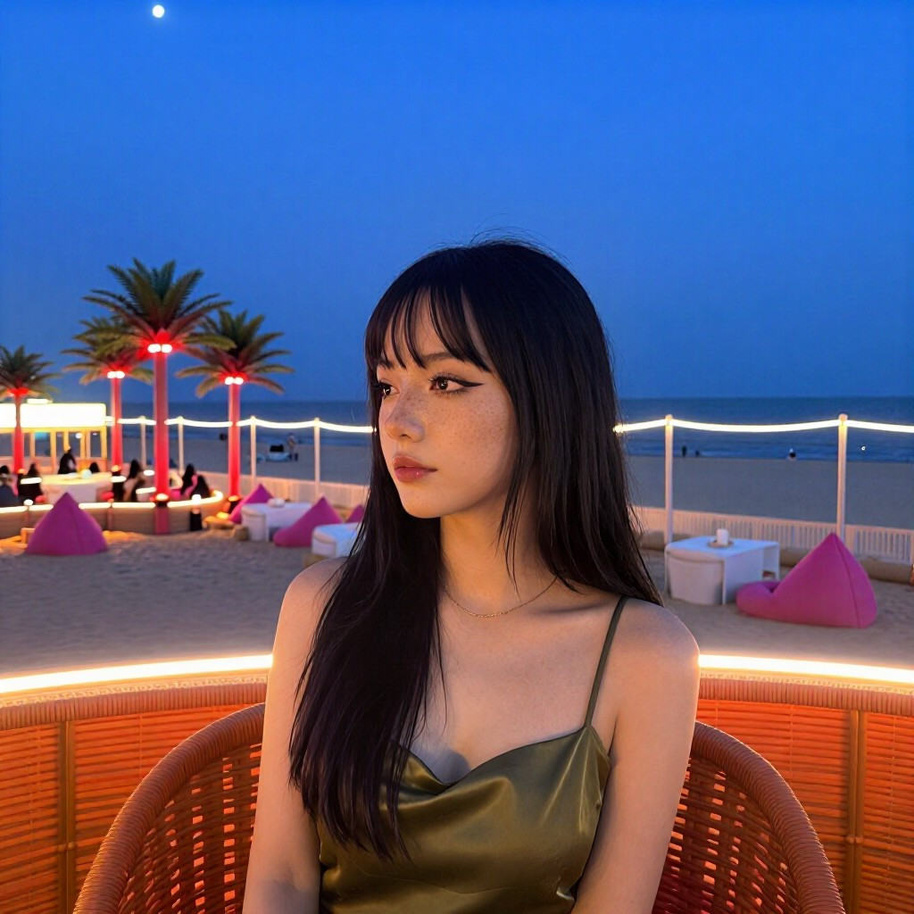 juls,  sitting and looking left,  3/4 profile waist-up shot. Permanent features: long straight black hair with straight ba...