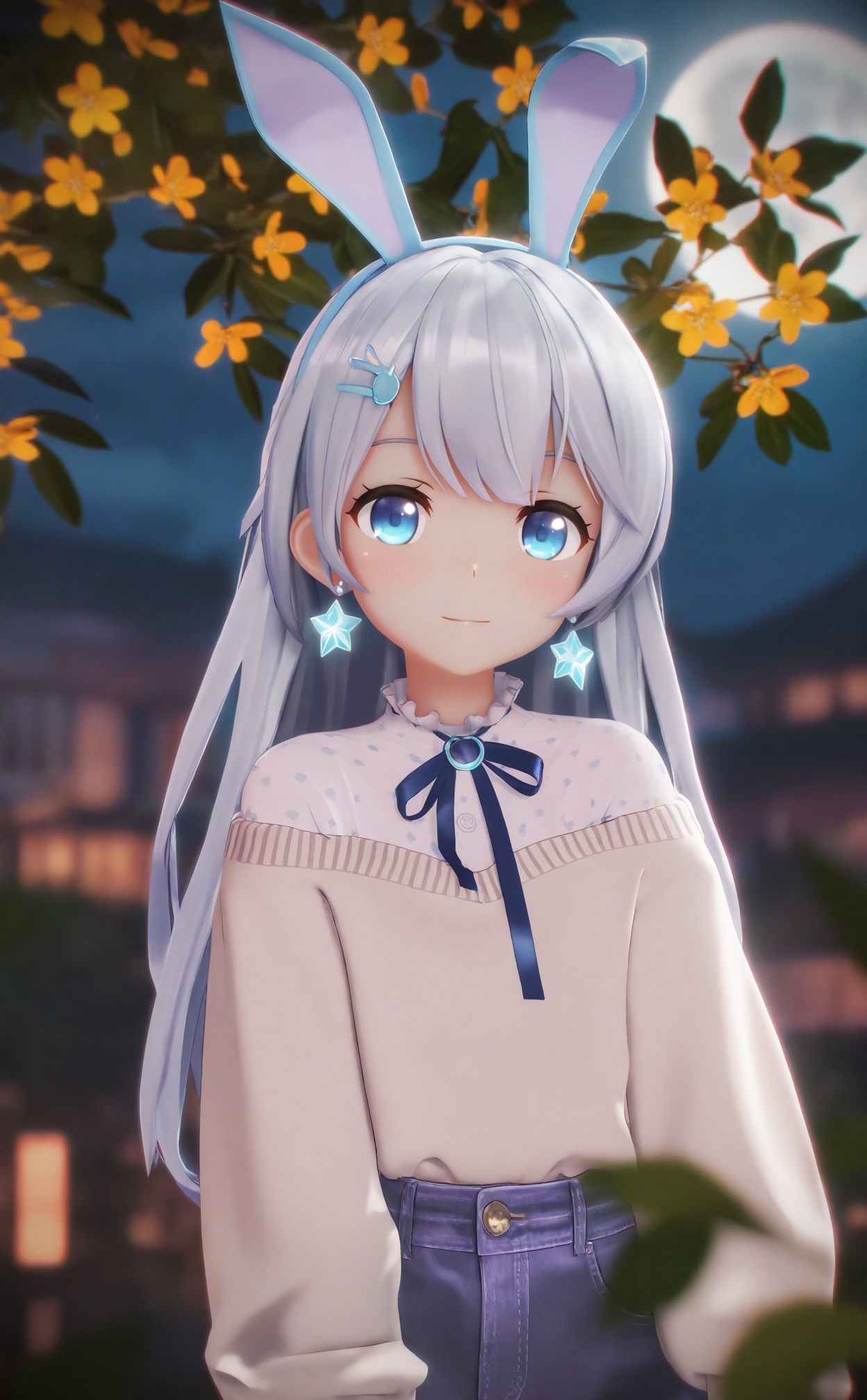 masterpiece,absurdres,best quality,loli,petite,high quality,chromatic_aberration,//,1girl, solo, long hair, looking at viewer, osmanthus, smile, blush, dappled moonlight, full moon, silver hair, earrings, blurry foreground, outdoors, upper body, blue eyes, jewelry, moonlight, sweater, blurry background, branch, autumn (season), shirt, off shoulder, purple white shirt, grey sweater, blurry foreground, flower, long sleeves, yellow flower, falling flower, mid-autumn festival, gold osmanthus, after rain, wind, wind lift, jeans, oversized_clothes, osmanthus tree, petite, hair ornament, ribbon, fake animal ears, hair ribbon, hairband, hairclip, star \(symbol\), neck ribbon, blue ribbon, star hair ornament, blue hairband, rabbit ears, blue ears,//,<lora:MMDguangwuran7——【noob】hans:0.9>,