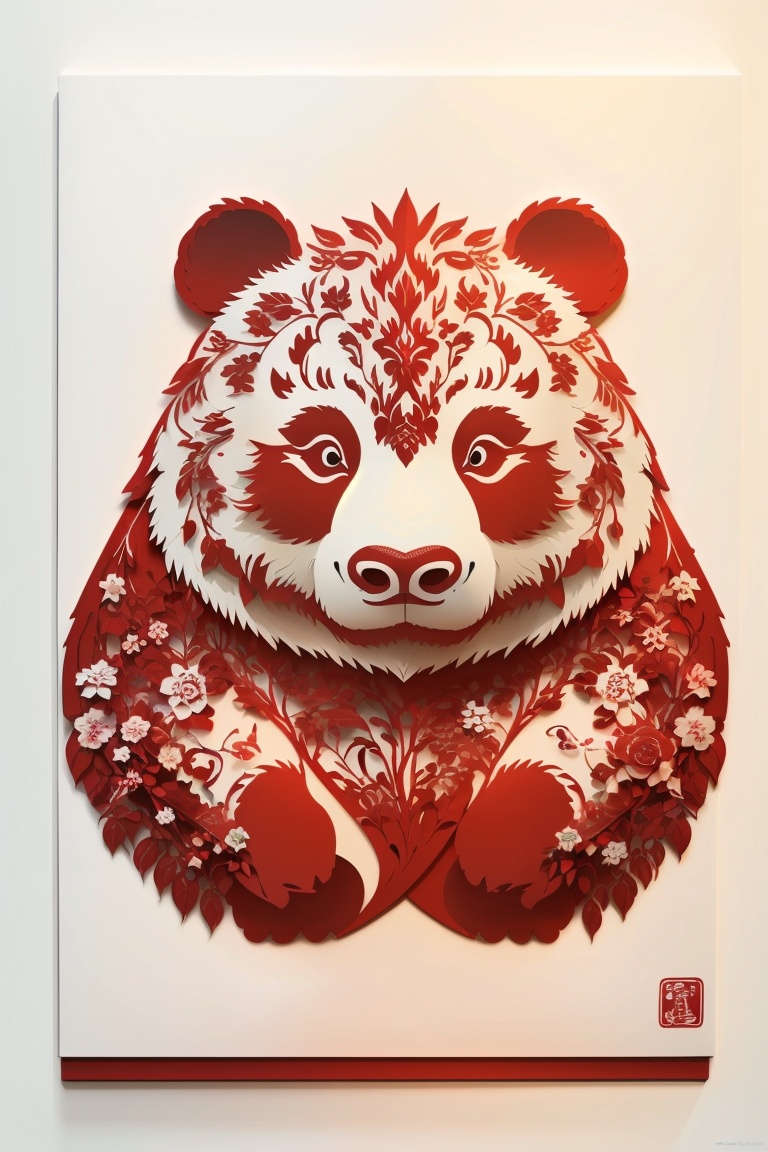 ((HRD, HUD, 8K)),((masterpiece, best quality)), highly detailed,paper-cut, monochrome, red theme, white background, simple background, no humans, panda, panda ears,  <lora:20231226-1703580387565:1>