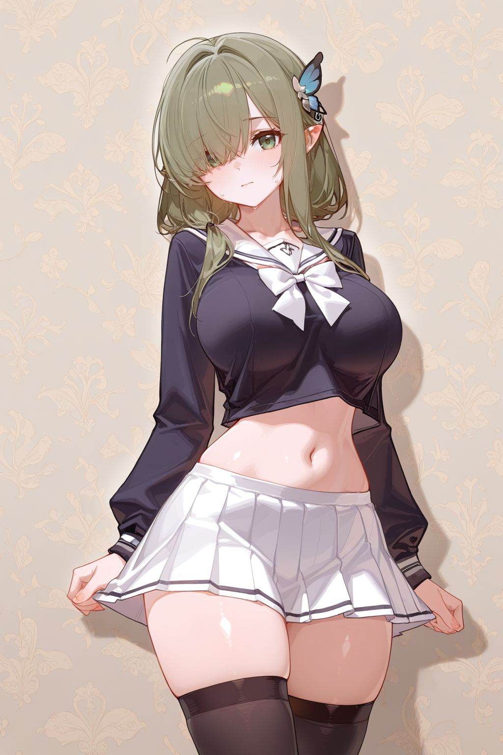 highres,sensitive,masterpiece,best quality,amazing quality,very aesthetic,absurdres,best quality,amazing quality,very aesthetic,absurdres,shiny skin,detail eyes,wallpaper,shiny skin,chosen_style_1,artist:ciloranko BREAKcurvy,(narrow waist:1.1),De Zeven Provincien \(azur lane\),pointy ears,green eyes,hair over one eye,large breasts,green hair,butterfly hair ornament,disheveled hair,hair over shoulder,student,JK,school uniform,sailor dress,sailor collar,pleated skirt,black thighhighs,navel,<lora:De Zeven Provincien (azur lane):0.5>,<lora:chosen_style_1:0.5>,