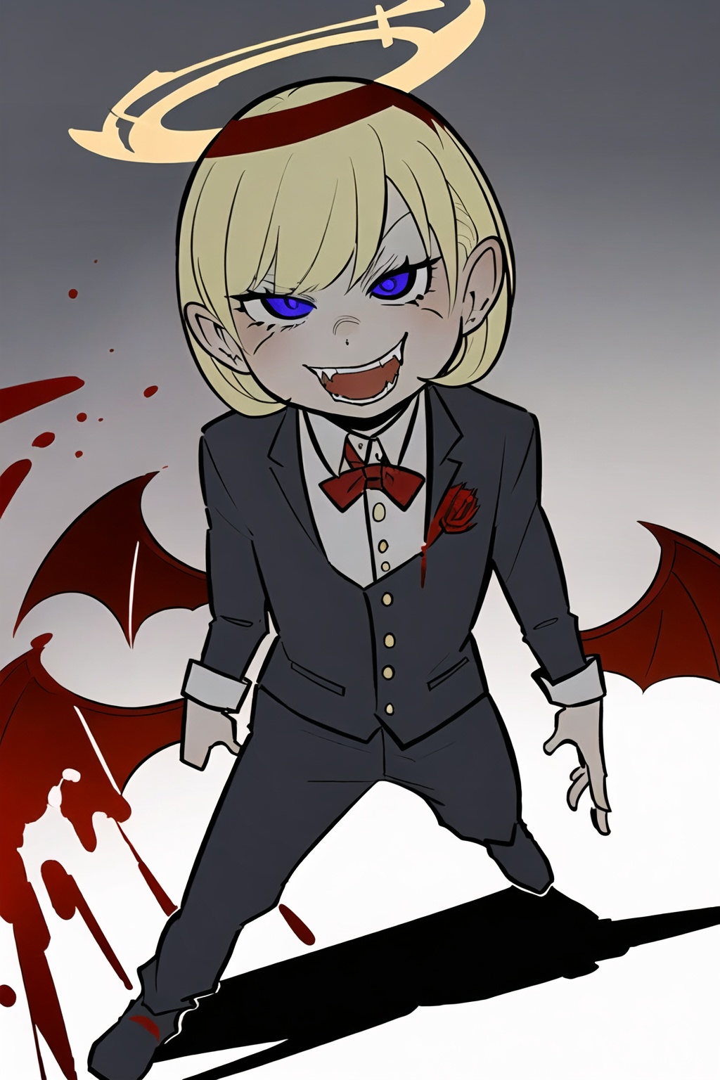 1girl,wsdxj,solo,ojousama,(age regression:1.1),cuteg,(narrow one's eyes:1.1),red headband,red bowtie,(blood angel halo:1.1),evil atmosphere,bewitching/bizarre/sinister appearance,(deliberately make people laugh:1.2),full body,