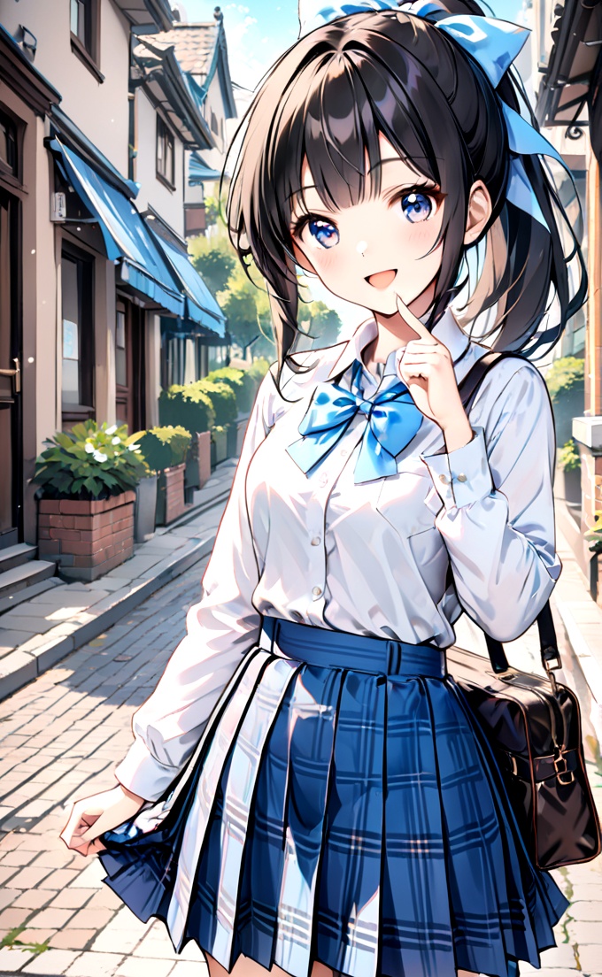 1girl,solo,skirt,outdoors,shirt,bow,blue eyes,smile,white shirt,bag,looking at viewer,ponytail,long sleeves,open mouth,black hair,plaid skirt,collared shirt,plaid,bowtie,:d,long hair,blue bow,day,plant,pleated skirt,bangs,building,cowboy shot,blue skirt,blush,standing,blue bowtie,school uniform,shirt tucked in,ribbon,hand up,hair bow,street,hair ribbon,dress shirt,index finger raised,finger to mouth,road,