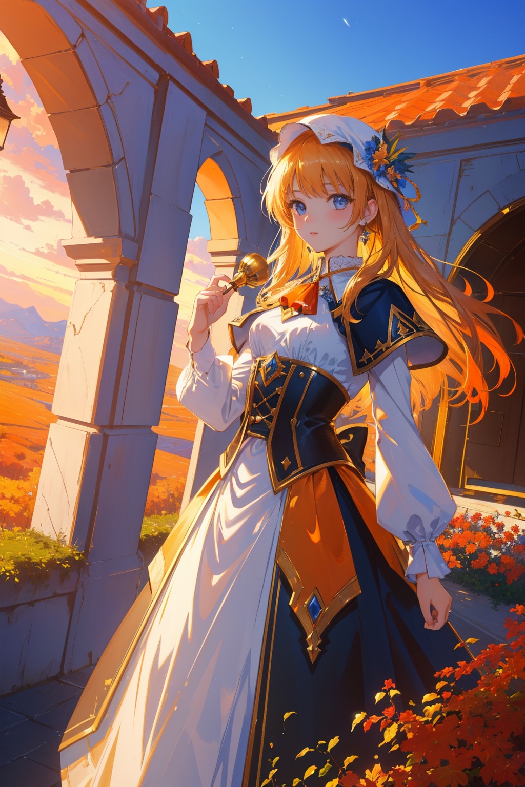1girl, lovely Vector Art, elegant, Dutch angle shot of a Dull Mysterious ("The Human Representation of Victory":1.3) , Israeli foliage and Meteor in background, at Golden hour, Very wide view, Cel shading, Relaxed, Medieval art, Candle light, L USM, Vibrant Color, deep orange paint splotches, caustics, Best quality, trending on artstation, (landscape art by Mark Keathley:1.3) , (Isaac Levitan:0.7) , dream, photography