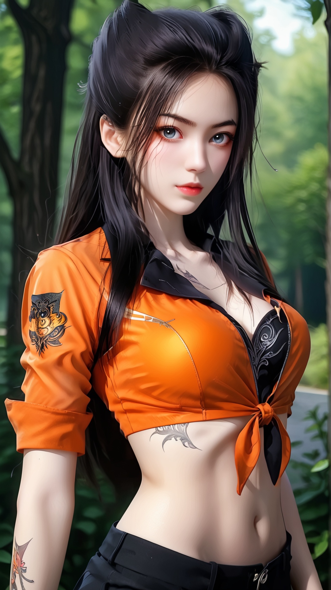 The image is a digital portrait of a young woman with dark hair and tattoos on her body. She is wearing a black and orange outfit with a large orange and black design on her chest and arms. The outfit has a high neckline and long sleeves. The woman has a serious expression on her face and is looking directly at the camera. The background is blurred, but it appears to be an outdoor setting with trees and foliage. The overall mood of the image is intense and dramatic.,<lora:pony焰:0.8>,