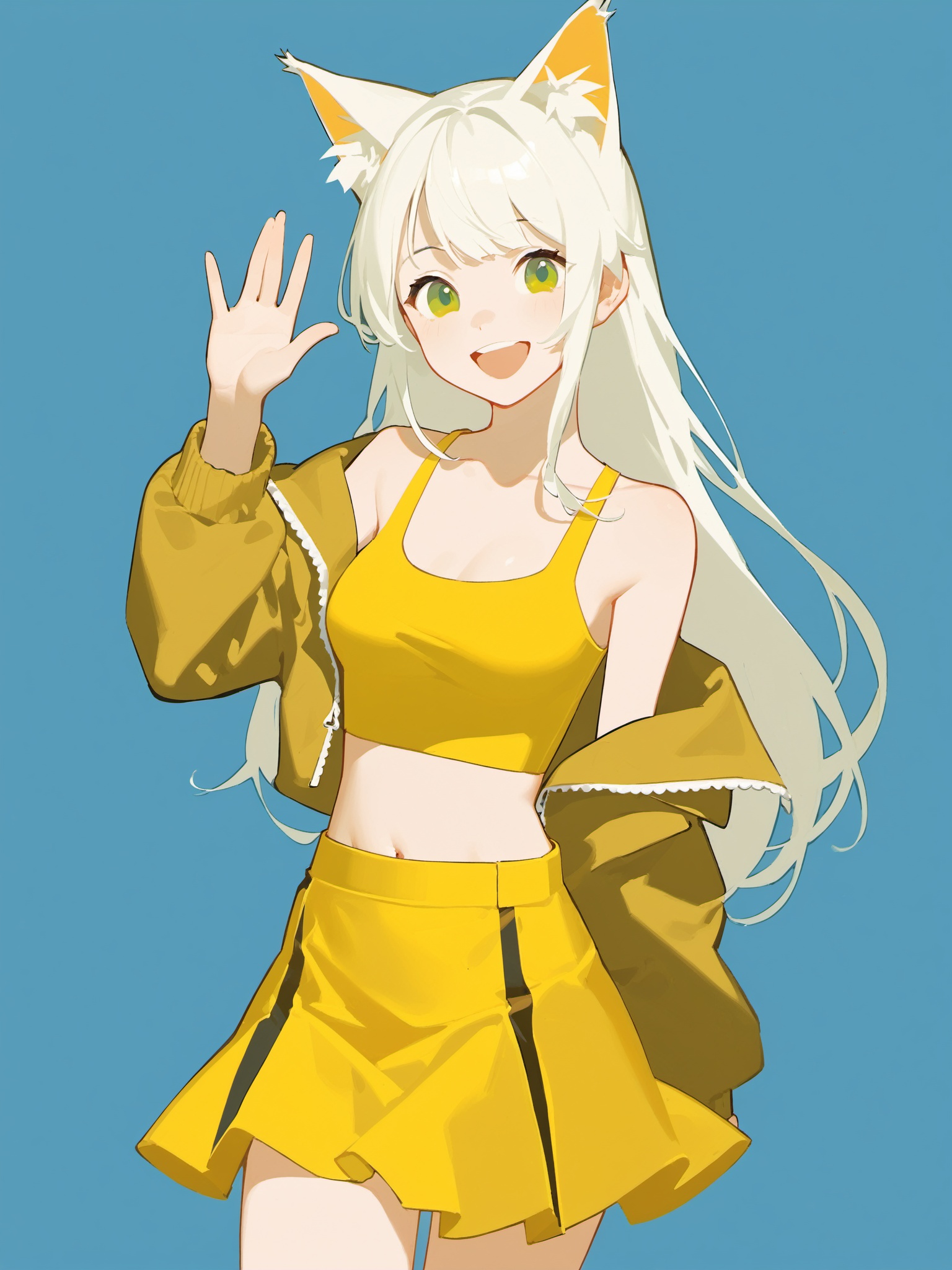 tianliang duohe fangdongye,1girl, solo, green eyes, smile, :d, long hair, white hair, animal ears, animal ear fluff, eyebrows visible through hair, medium breasts, navel, bare shoulders, yellow jacket, off shoulder, crop top, midriff, yellow skirt, hand up, waving, cropped legs, simple background, blue background