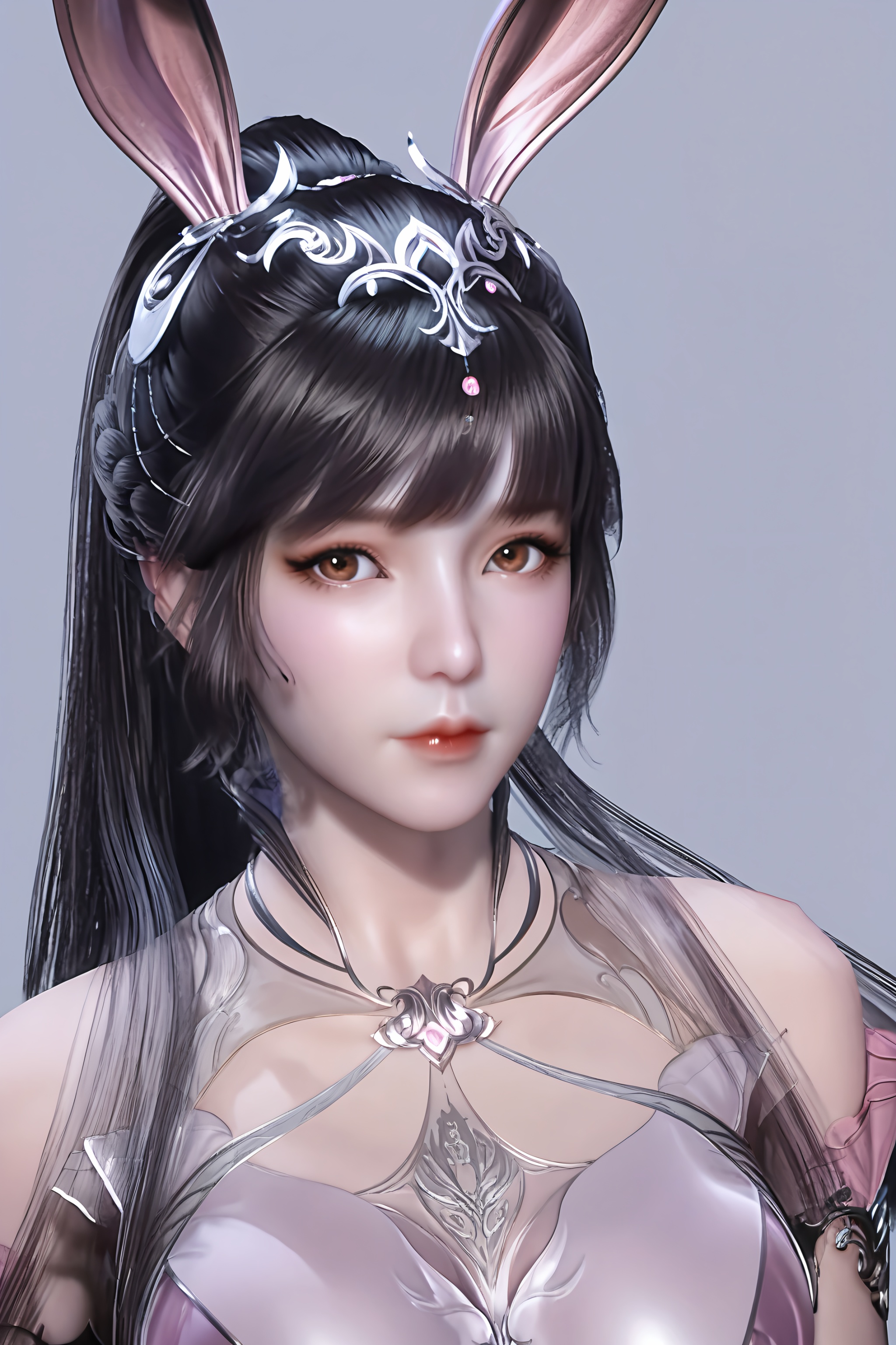 score_9,score_8_up,score_7_up,8k,hd,<lora:小舞-ppp:0.86>,xiaowu,1girl,solo,bunny ears,hair ornament,long hair,ponytail,brown eyes,black hair,dress,pink dress,looking at viewer,front view,<lora:SkinRealityOrg_ponyv6_loraplus:0.25>,real skin,<lora:皮肤凹痕:1.2>,female,(mature_female),mature,collarbone,large breasts,curvy,glamor,puffy breasts,pointy_breasts,<lora:e色温:0.5>,(fair_skin),(white_skin),<lora:e肤色滑块:0.5>,body blush,simple background,grey background,
