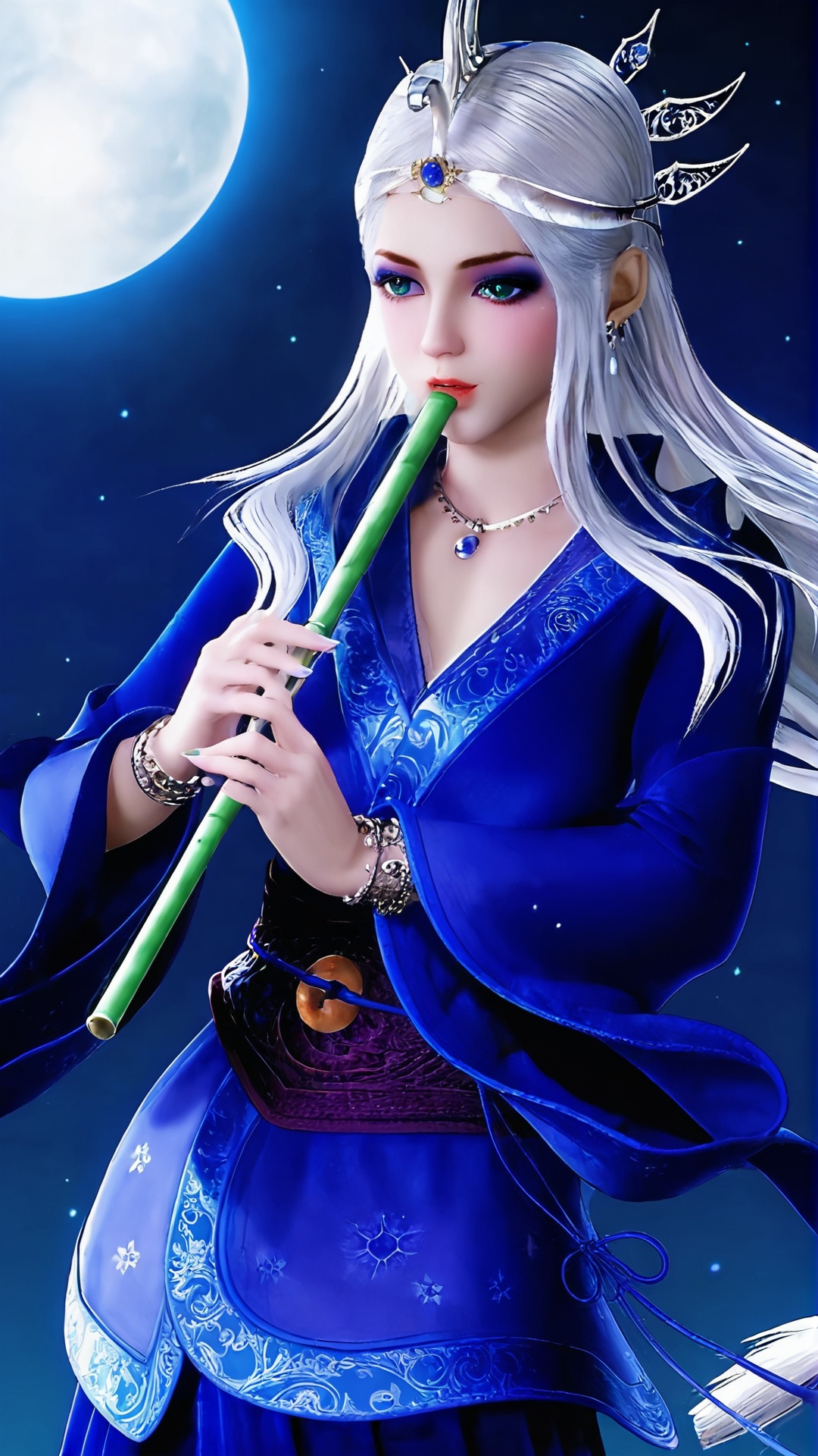 The image is a digital illustration of a young woman with long white hair and a crown on her head. She is wearing a blue traditional Chinese dress with intricate patterns and designs. The dress is long and flowing,with a high neckline and long sleeves. The woman is holding a green flute in her right hand and is looking off to the side with a serious expression on her face. The background is a dark blue night sky with a full moon visible in the top right corner. The overall mood of the image is mystical and mystical.,<lora:pony雪女:0.8>,