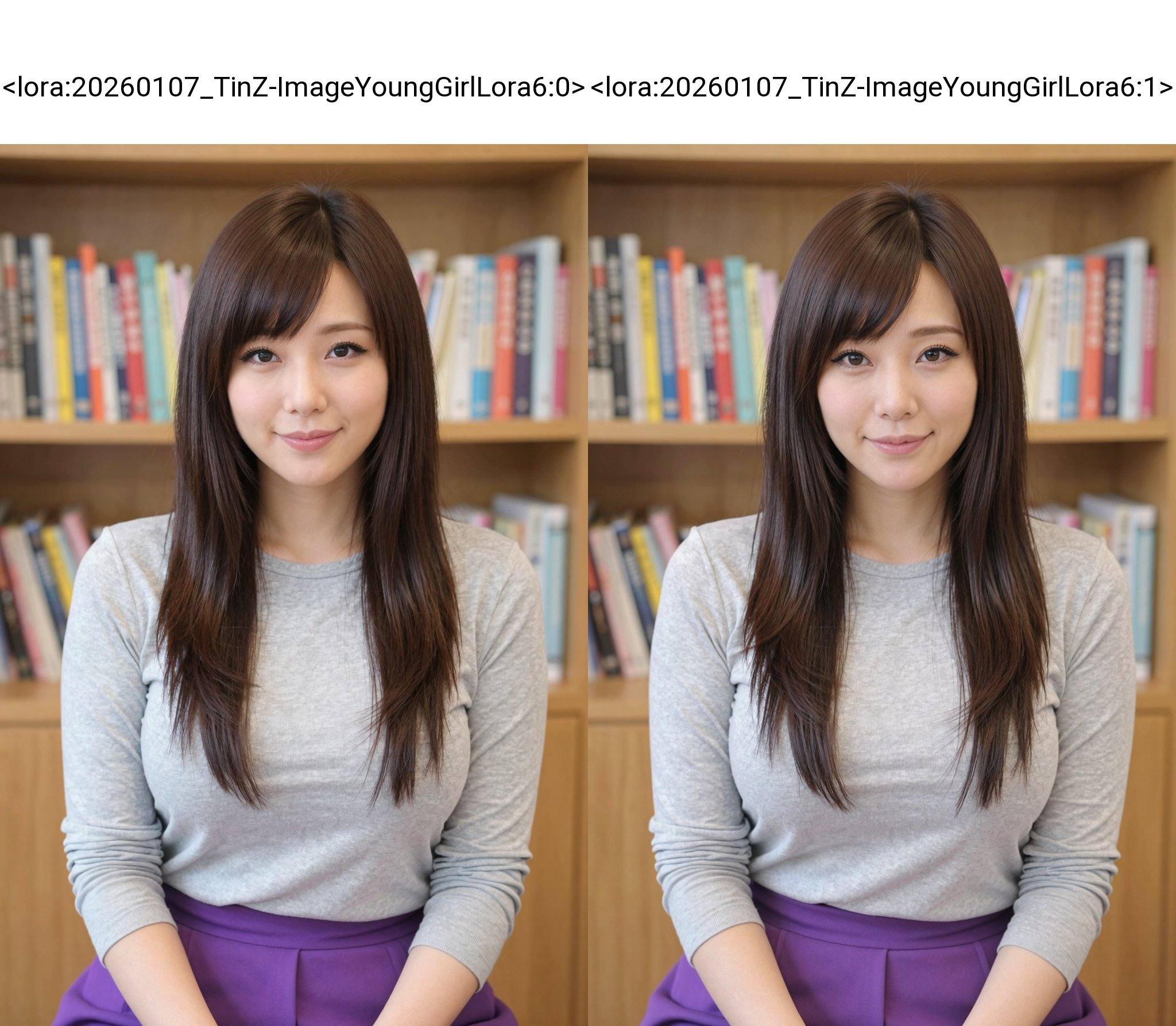 This photograph features an East Asian woman with long, straight, dark brown hair and bangs, wearing a light grey long-sleeve shirt and a purple skirt. She has a fair complexion, almond-shaped eyes with black eyeliner, and a subtle smile. She is seated, Background with a bookshelf filled with colorful books in the background. The setting appears to be a cozy, well-lit room. <lora:20260107_TinZ-ImageYoungGirlLora6:0>