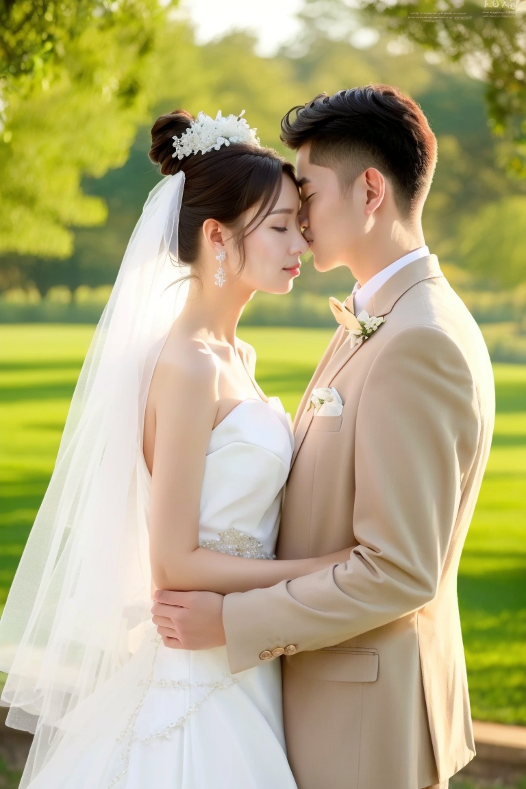 ((HRD, HUD, 8K)),((masterpiece, best quality)), highly detailed, soft light,WEDDING, 1girl, 1boy, hetero, jewelry, earrings, kiss, blurry, closed eyes, dress, chinese clothes, blurry background, black hair, formal, couple, white dress, hair ornament, day, hand fan, outdoors, upper body, artist name, suit, kissing forehead, hair bun, brown hair, glasses, depth of field, holding fan, from side, lips, single hair bun, <lora:20240407-1712491685411:0.8>