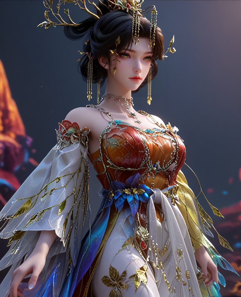 (Hands forming a heart shape:1.1),(large breasts:1.2),<lora:XL16云深不知梦羲和淬火令:0.95>,miss xihe,orange gown with white tulle skirt,yellow eyes,black hair,looped bun with tresses,hair ornament,jewelry,necklace,makeup,, score_9,score_8_up,score_7_up,score_6_up,score_5_up,score_4_up,3d rendering,tag1,tag2, Cinematic Lighting,backlighting,