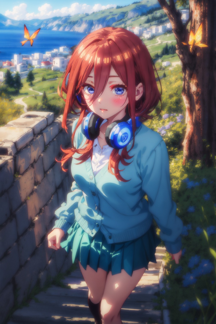 1girl,looking at viewer,solo,long hair,hair between eyes,bangs,brown hair,blue eyes,headphones,headphones around neck,school uniform,shirt,white shirt,cardigan,blue cardigan,skirt,pleated skirt,green skirt,pantyhose,breasts,<lora:Nakano Miku:0.8>,Miku_CYQL,(shy,running,portrait,from_above:1.1),beautiful face,beautiful eyes,glossy skin,shiny skin,Meadow, Flowers, Grass, Alps, Sunshine, Breeze, Butterflies, Melting snow,Olive trees, Sea views, Whitewashed buildings, Olive harvest, Aegean breeze, Greek charm,beautiful detailed sky,beautiful detailed glow,posing in front of a colorful and dynamic background,masterpiece,best quality,beautiful and aesthetic,contrapposto,female focus,wallpaper,fashion,<lora:增强减少细节add_detail:0.4>,