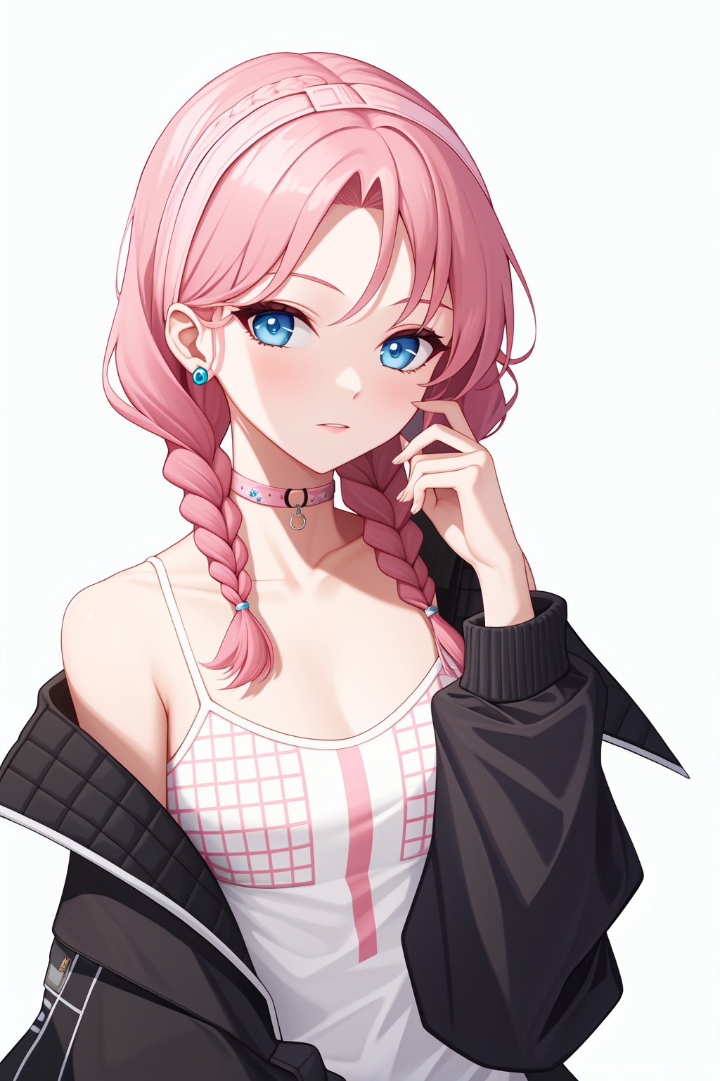<lora:蓝毒-000008:1>,a girl named arklandu,arklandu,1girl,long sleeves,open jacket,twin braids,official alternate costume,off shoulder,pink choker,spaghetti strap,, (masterpiece,best quality,high quality:1.4),absurdres,