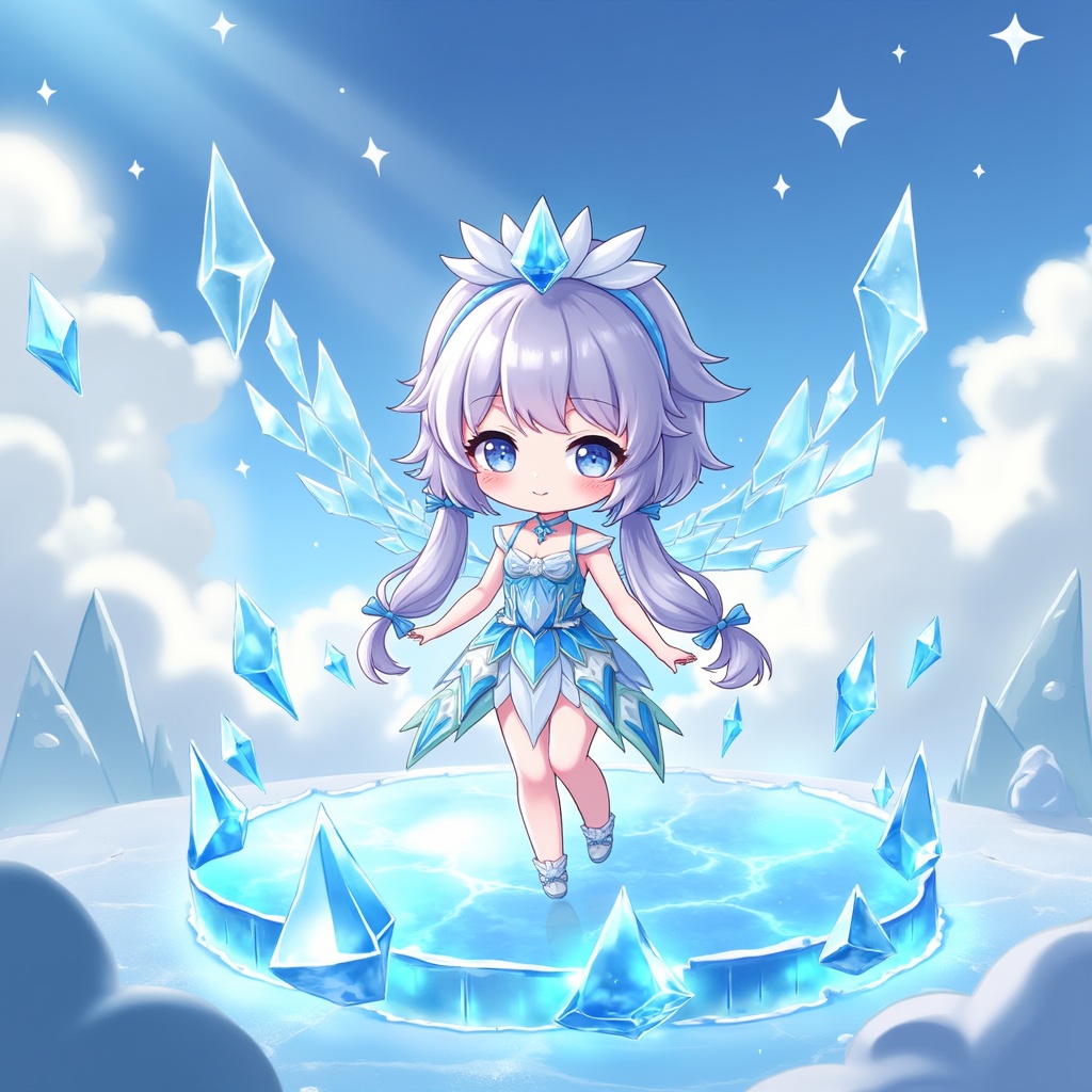 chibi,an anime girl,chibi,beautiful detailed glow,detailed ice,beautiful detailed water,(floating palaces:1.3),(((ice crystal texture wings))),