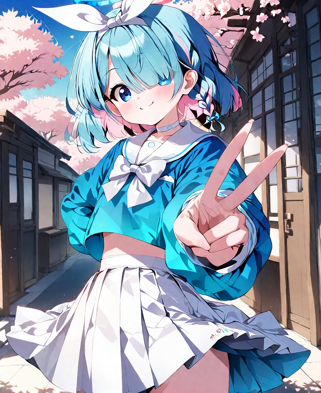 arona (blue archive),1girl,arona (blue archive),solo,skirt,v,double v,white skirt,smile,blue eyes,shirt,hair over one eye,blue hair,pleated skirt,halo,school uniform,bow,braid,long sleeves,white choker,sailor collar,cherry blossoms,white sailor collar,outdoors,white hairband,hairband,looking at viewer,pink hair,choker,blue shirt,white bow,bangs,multicolored hair,short hair,day,closed mouth,serafuku,cowboy shot,bowtie,petals,tree,collarbone,bow hairband,single braid,ribbon,blush,hair ribbon,white ribbon,eyes visible through hair,standing,two-tone hair,