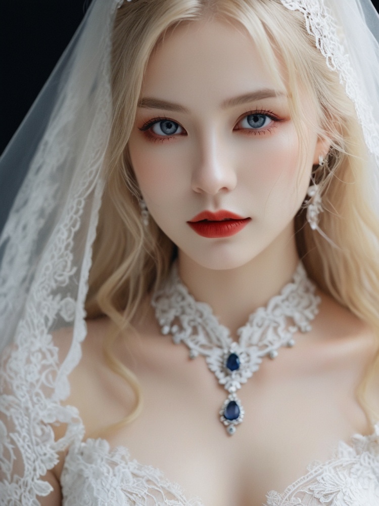 breathtaking vampire bride,film photography aesthetic,the delicate texture of lace veil gently obscuring her face,long blonde hair,looking at viewer,eye eye contact,sapphire red eyes,choker,devil smile,dynamic composition,skin texture,from above,sharp focus,horror \(theme\),dutch angle, . award-winning, professional, highly detailed