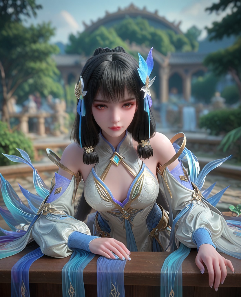 (oriental architecture, elegant decor, sophisticated style:1.1),(bent over:1.1),(breasts:1.2),<lora:XL百炼成神云落透纱:0.9>,miss yunluobaiyi,white dress,hair flower,hair tubes,detached sleeves,black hair,hair ribbon,blunt bangs,waist blue mesh,orange eyes,tassel,see-through overskirt,jewelry,, zPDXL2, score_9, score_8_up, score_7_up BREAK realistic, masterpiece,best quality, highly detailed,, zPDXL3, zPDXL2,zPDXL, zPDXLxxx, zPDXLrl,