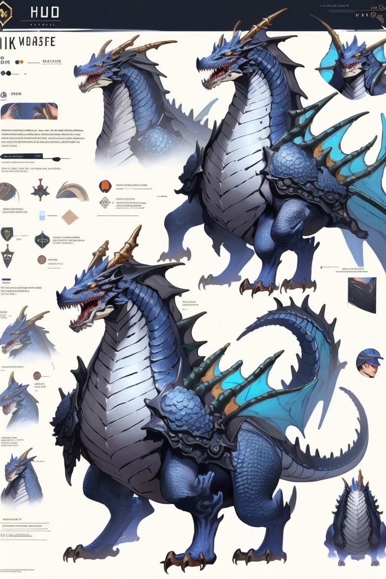 ((HRD, HUD, 8K)),((masterpiece, best quality)), highly detailed,game character design,multiple views, reference sheet, simple background, white background, concept art, dragon,  <lora:20231226-1703587104099:1>