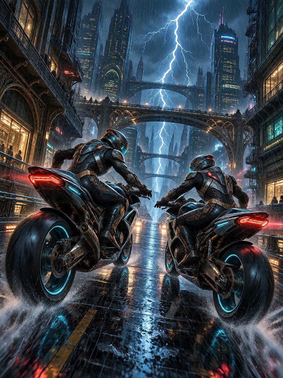 Two rival cyberpunk motorcycle riders racing side by side across a narrow elevated skybridge during a violent thunderstorm...